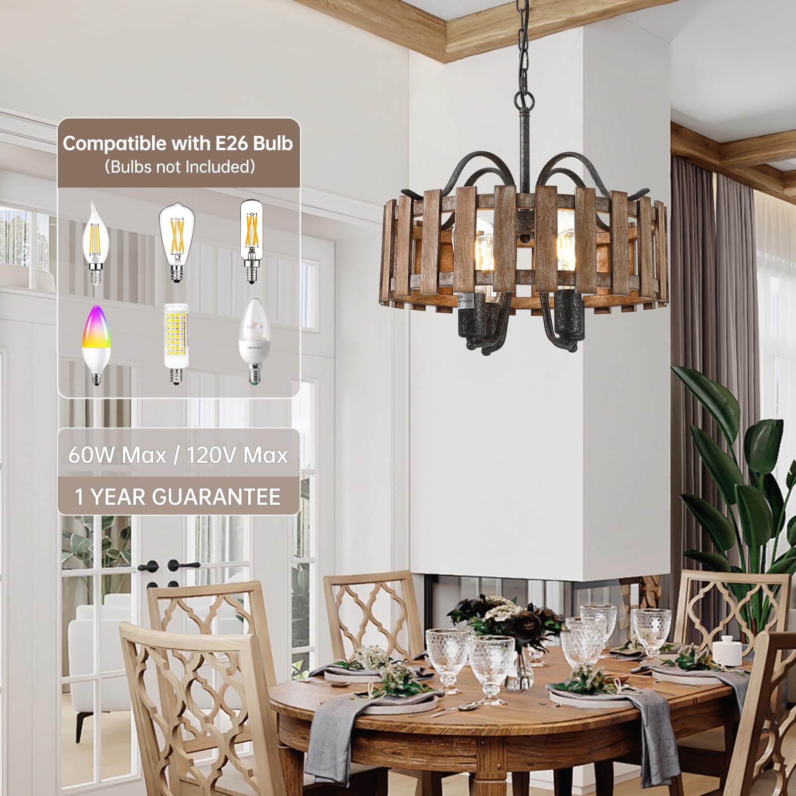 4-Light Farmhouse Chandelier Review: Rustic Industrial Drum Pendant Lighting 3 4-Light Farmhouse Wood Chandelier Light Fixture, 16.5'' Rustic Industrial Drum Hanging Pendant Lighting for Kitchen Island Dining Room Entryway - Additional View
