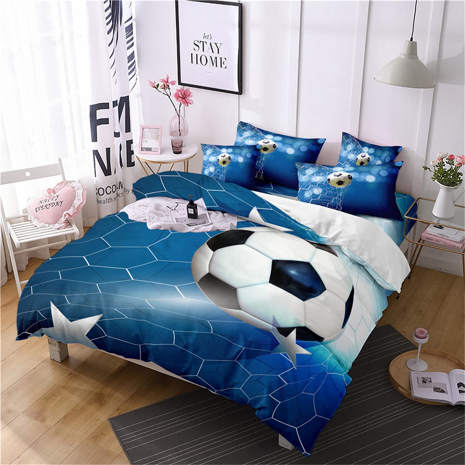 Xisnuient Juego de Ropa de Cama de Estilo Deportivo Fútbol Baloncesto Graffiti Funda Nórdica con Funda de Almohada Poliéster Niños Adolescentes Funda de Edredón (Azul,Cama 90 cm 150x200 cm)