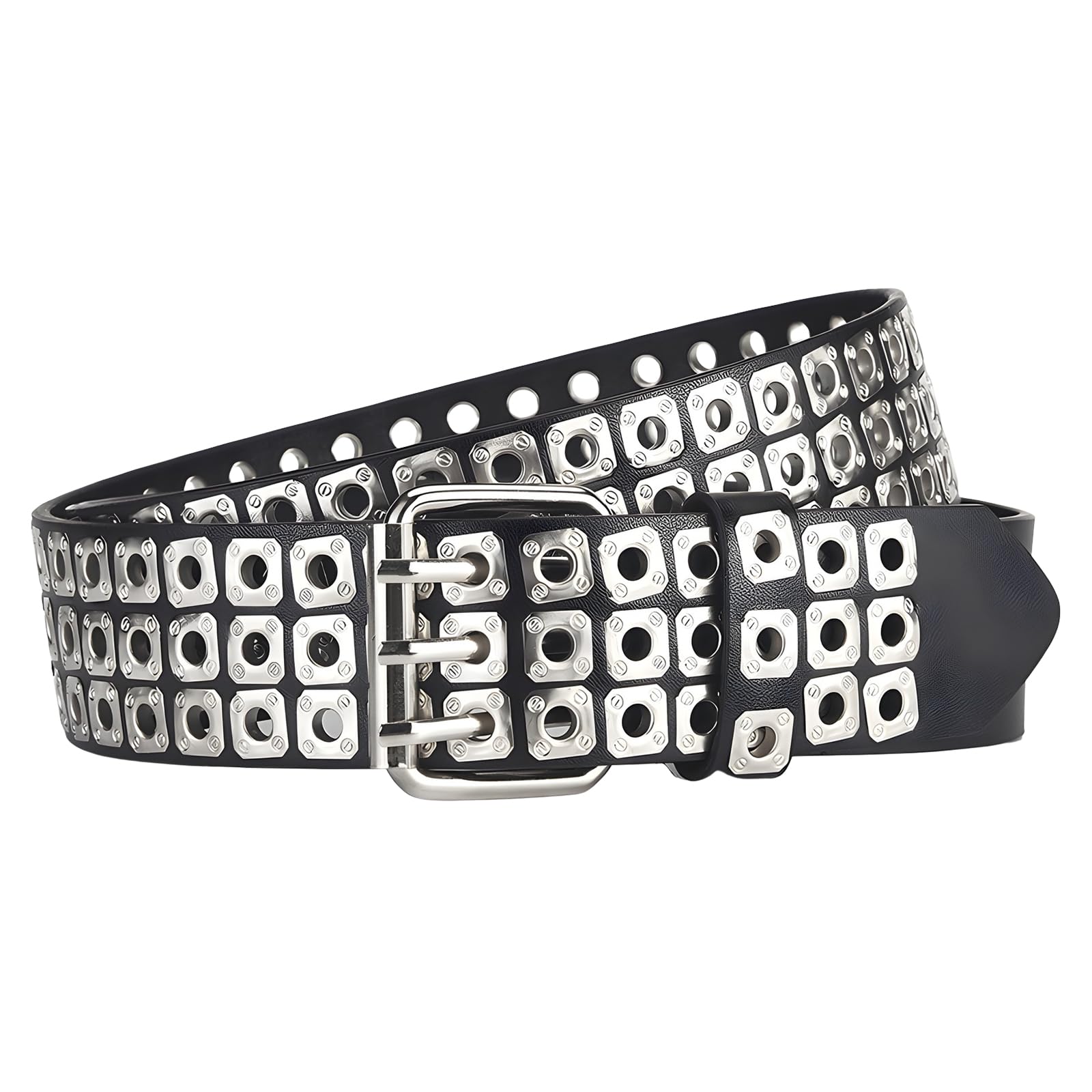 Jamakala Unisex Black Leather - Silver Rivets 3-Row Studded Grommet Belt, Punk Rock Pu Leather For Men And Women, Black Goth Rivet Accessories For Jeans And Pants