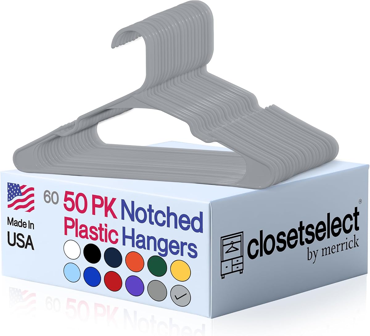 Plastic Hangers 50 Pack - Space Saving Clothes Hangers, Made in USA, Durable & Strong Plastic Shirt & Coat Hanger with Notches & Shoulder Grooves, Non-Slip Clothing Hangers | Grey