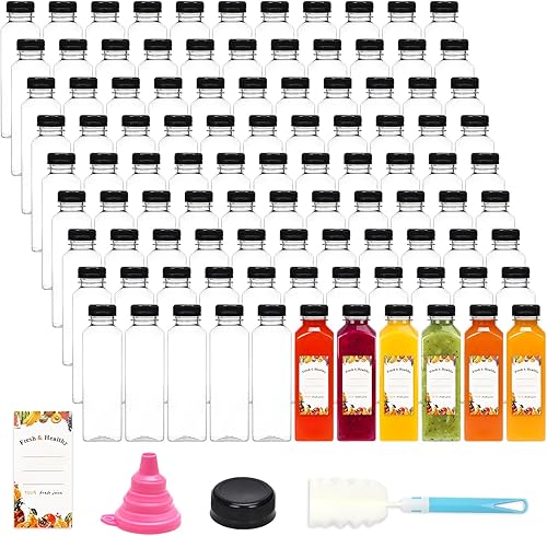 Moretoes 128 botellas de jugo de plástico de 16 onzas con tapas, botellas transparentes reutilizables a granel para batidos y otras bebidas