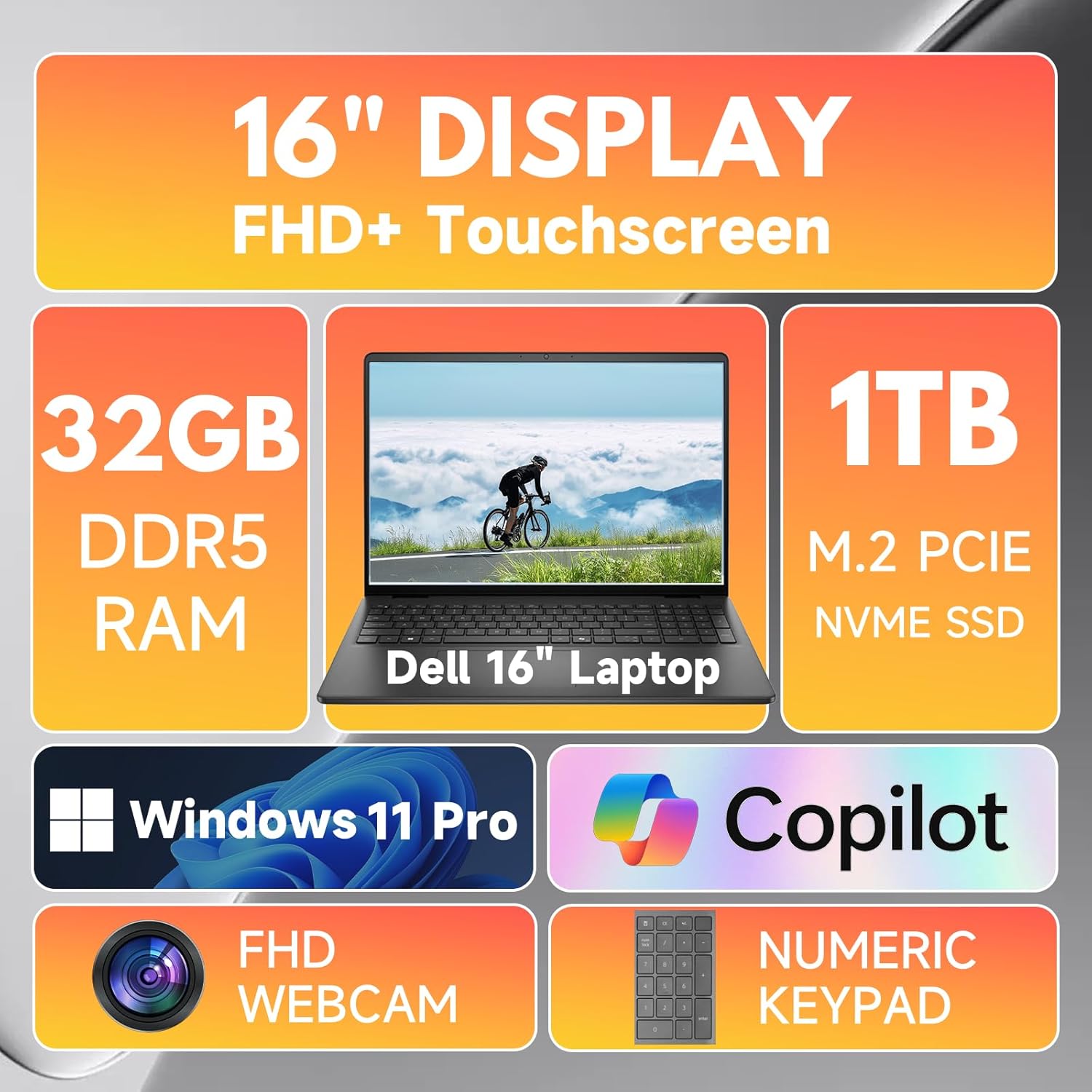 Dell 16-inch Touchscreen Laptop for Work & Study – 16" FHD+ Anti-Glare, 32GB DDR5 RAM, 1TB SSD, Intel 10-Core 7 150U(Up to 5.4GHz), Ai Copilot, Backlit KB, Win 11 Pro, Long Batterie Life - Image 2