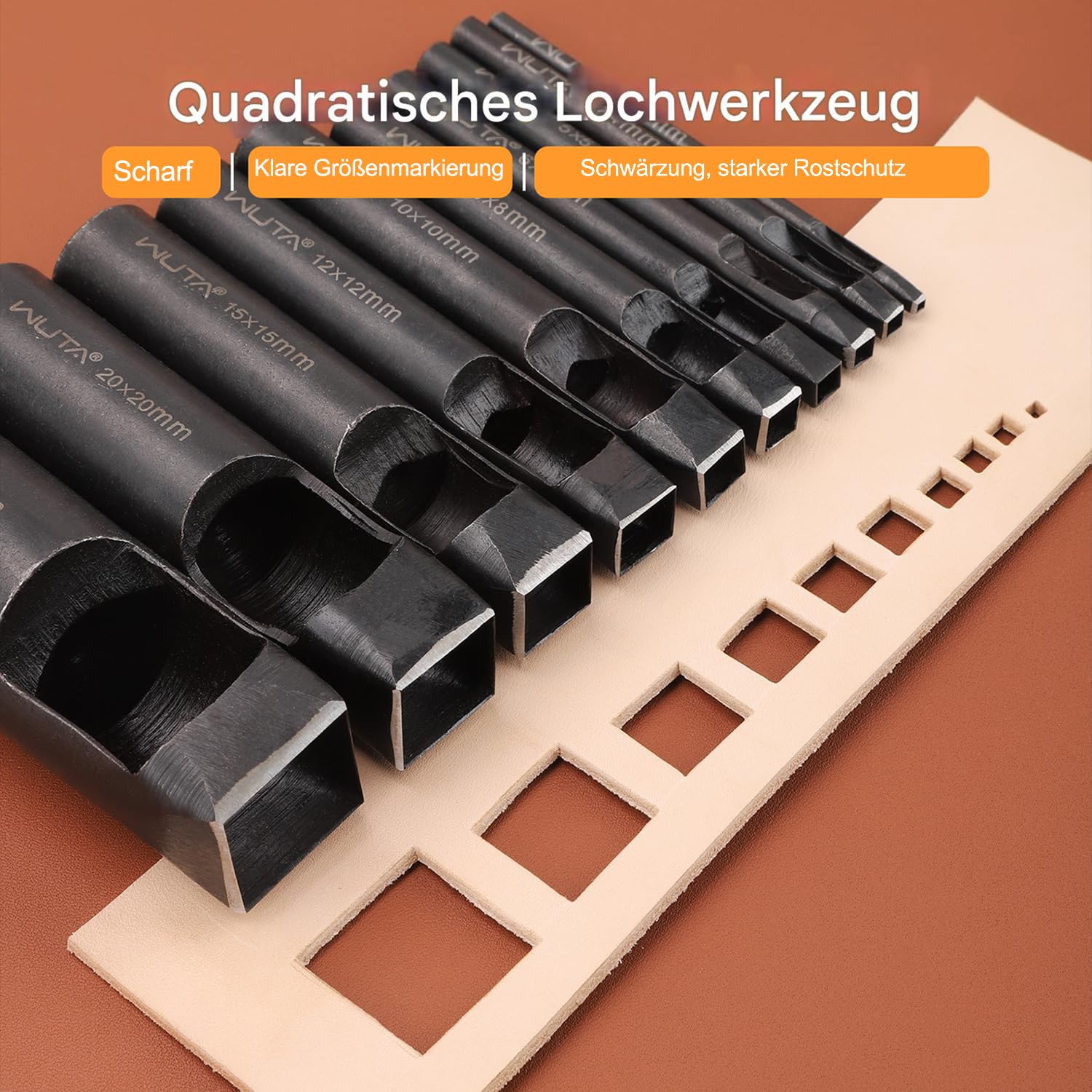 WUTA Quadratische Lochstanzer Leder, 10-teilige Kohlenstoffstahl Locheisen Set Für Gürtel, Uhrenarmbänder, DIY Lederhandwerk(2 * 2-15 * 15mm)