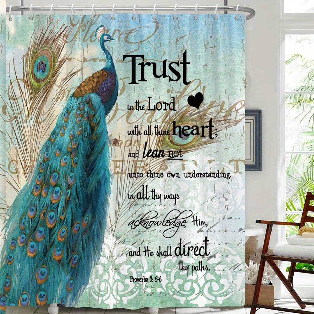 GLWDMB 1 Piece 180x200CM Peacock and Inspirational Quote Printed Shower Curtain With Hook, Polyester, for Windows And Walls, Bathtub, Bathroom, Machine Washable, All Season Universal