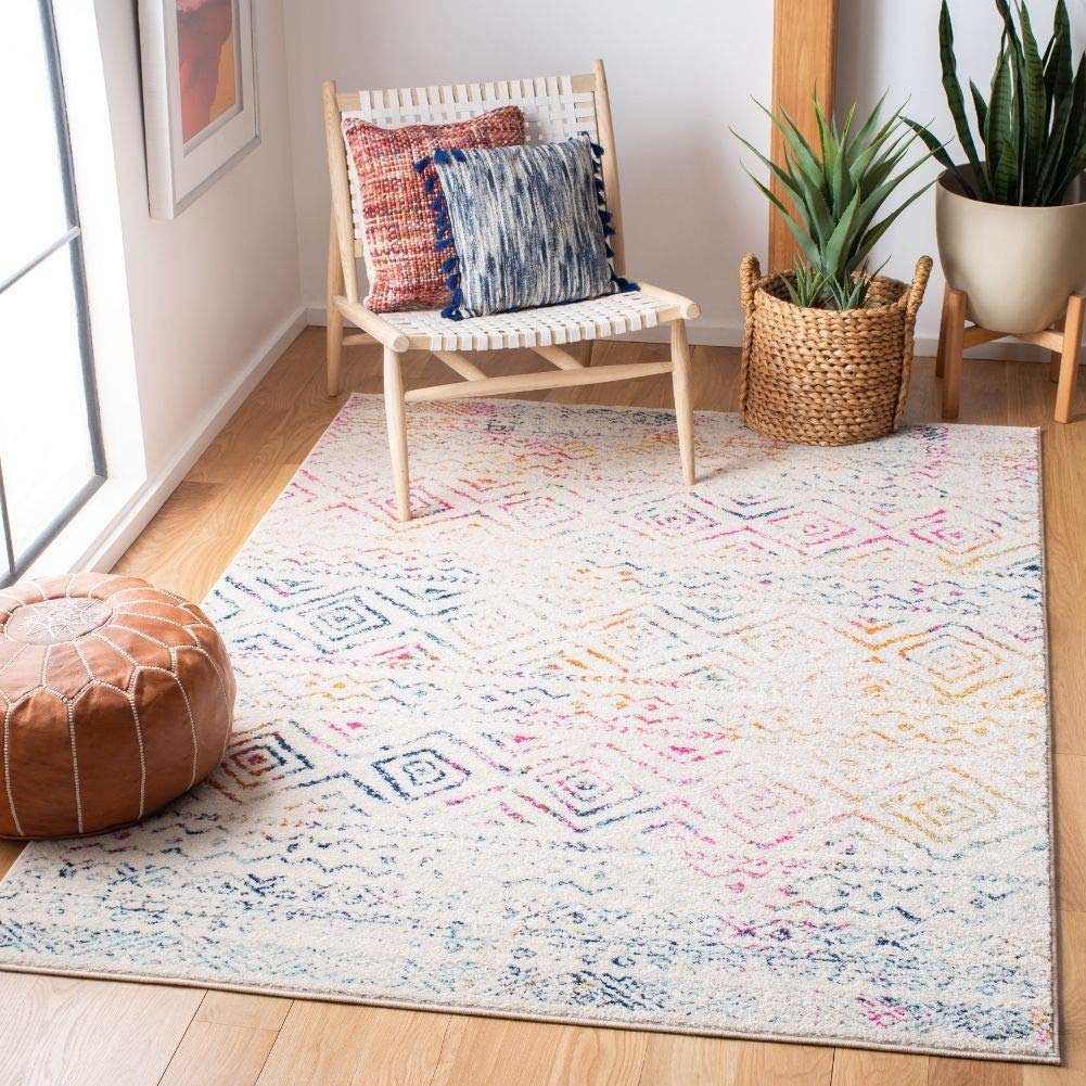 SAFAVIEH Area Rug 10x13 - Tulum Collection - Large - Ivory & Fuchsia, Moroccan Boho Distressed Design, Non-Shedding & Easy to Clean, Ideal for Living Room, Bedroom, Dining Space (TUL267E)