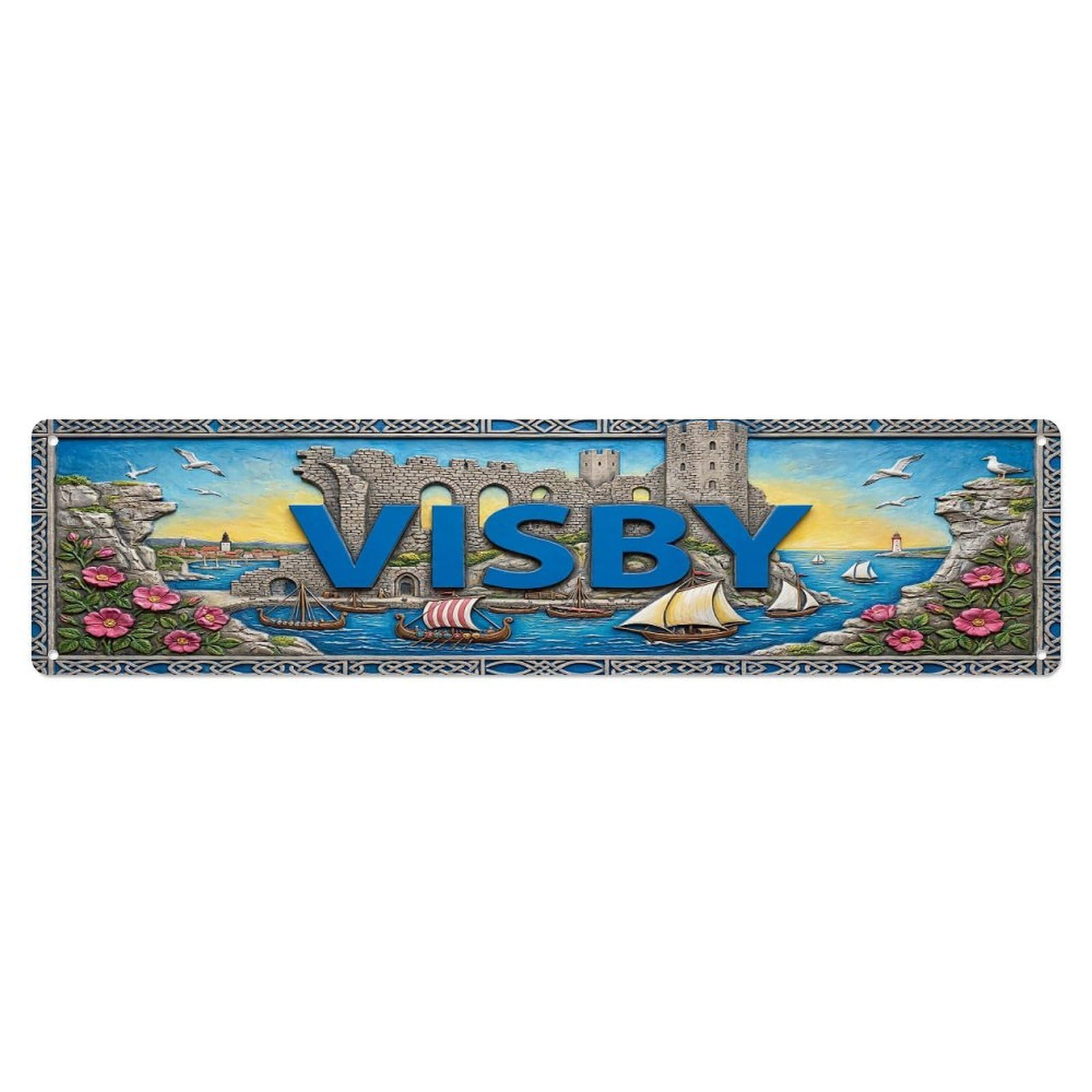 Cwbufd Vintage Style Vintage Visby Sweden Flag Pattern Vintage Metal Tin Sign Plaque Wall Decor For Cafe, Club Bar, Office, Garden Metal Poster 4X16inch
