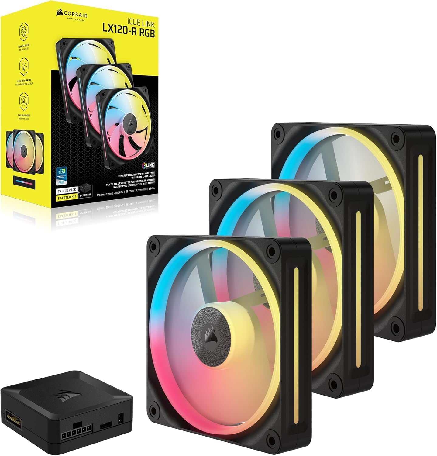 CORSAIR iCUE LINK LX120-R RGB 120mm PWM-Umkehrlüfter – Dreifach-Lüfter-Kit – Geräuscharm, CORSAIR Magnetische Kuppellagerung, Zwei Lichtschleifen, QuikTurn™-Schrauben, Null-Drehzahl-Modus – Schwarz