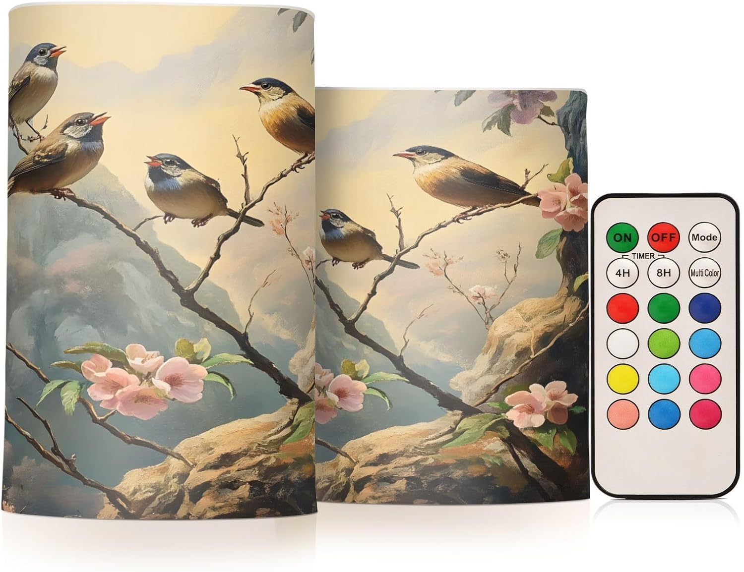 ALAZA Bird Flower Blossom Mountain Flickering Flameless Candles Pillar Led Candles Battery Operated Candles with Remote and Timers Set of 2