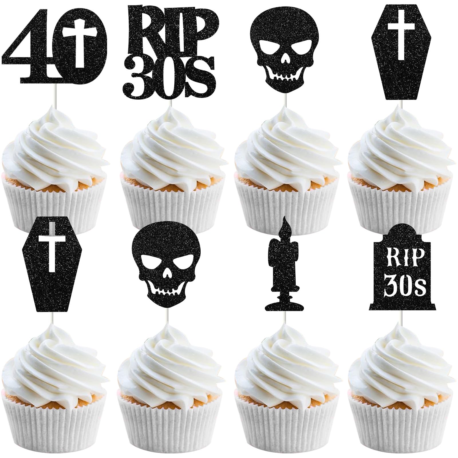 Fangleland 24Pcs Gothic-Themed 40th Birthday Decorations - Glitter Paper 40th Birthday Cupcake Toppers for Gothic Death to My Thirties Party Dessert Decor