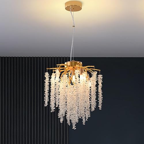 Crystal Tree Branch Chandelier Gold Roud Raindrop Pendant Light Tassel