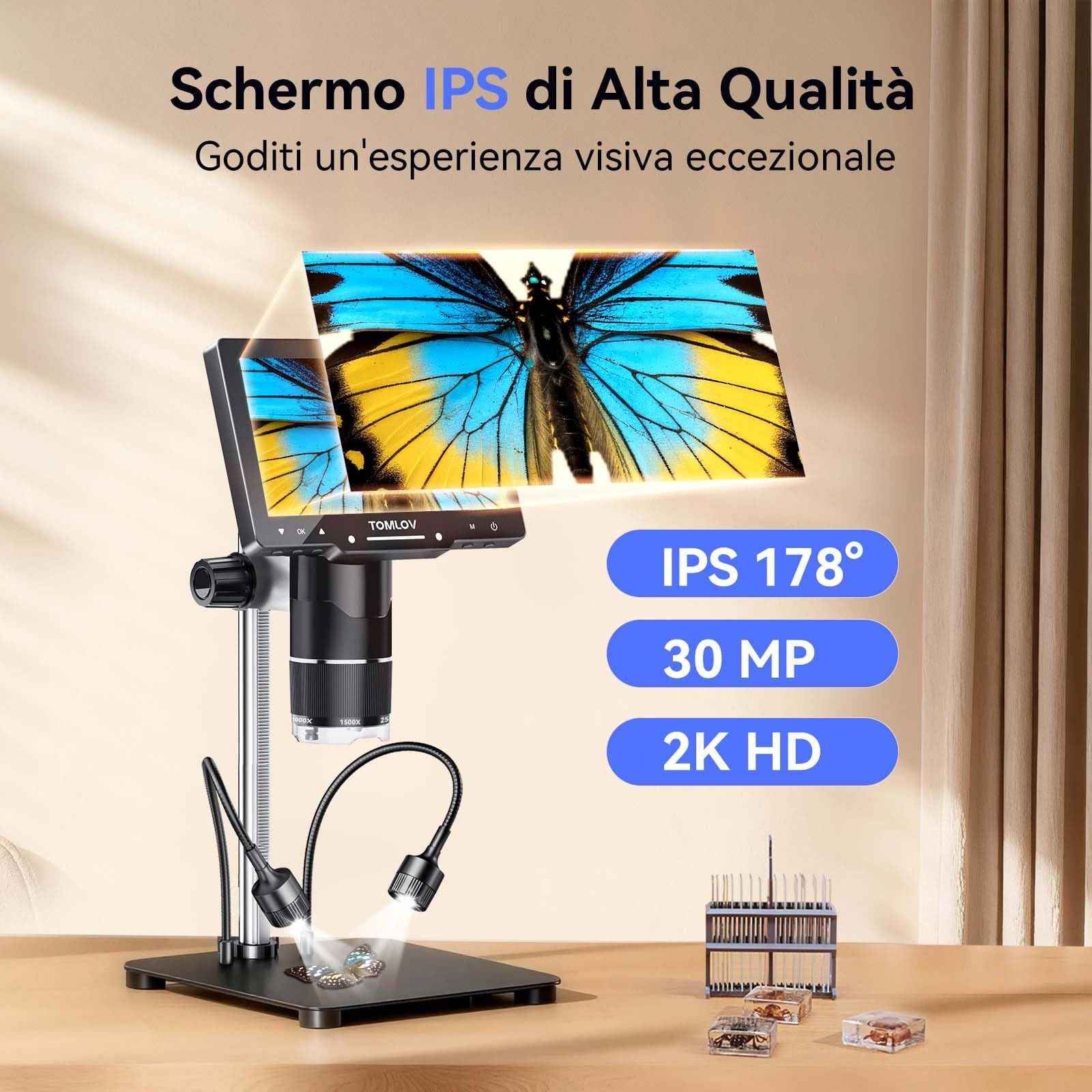 TOMLOV TriL107 Microscopio Digitale a 3 Lenti 7" 2K IPS, 2500X Ingrandimento per Monete e 14 LED, Microscopio di Saldatura con Supporto da 12,6" per Adulti, Compatibile con PC/TV, 64GB