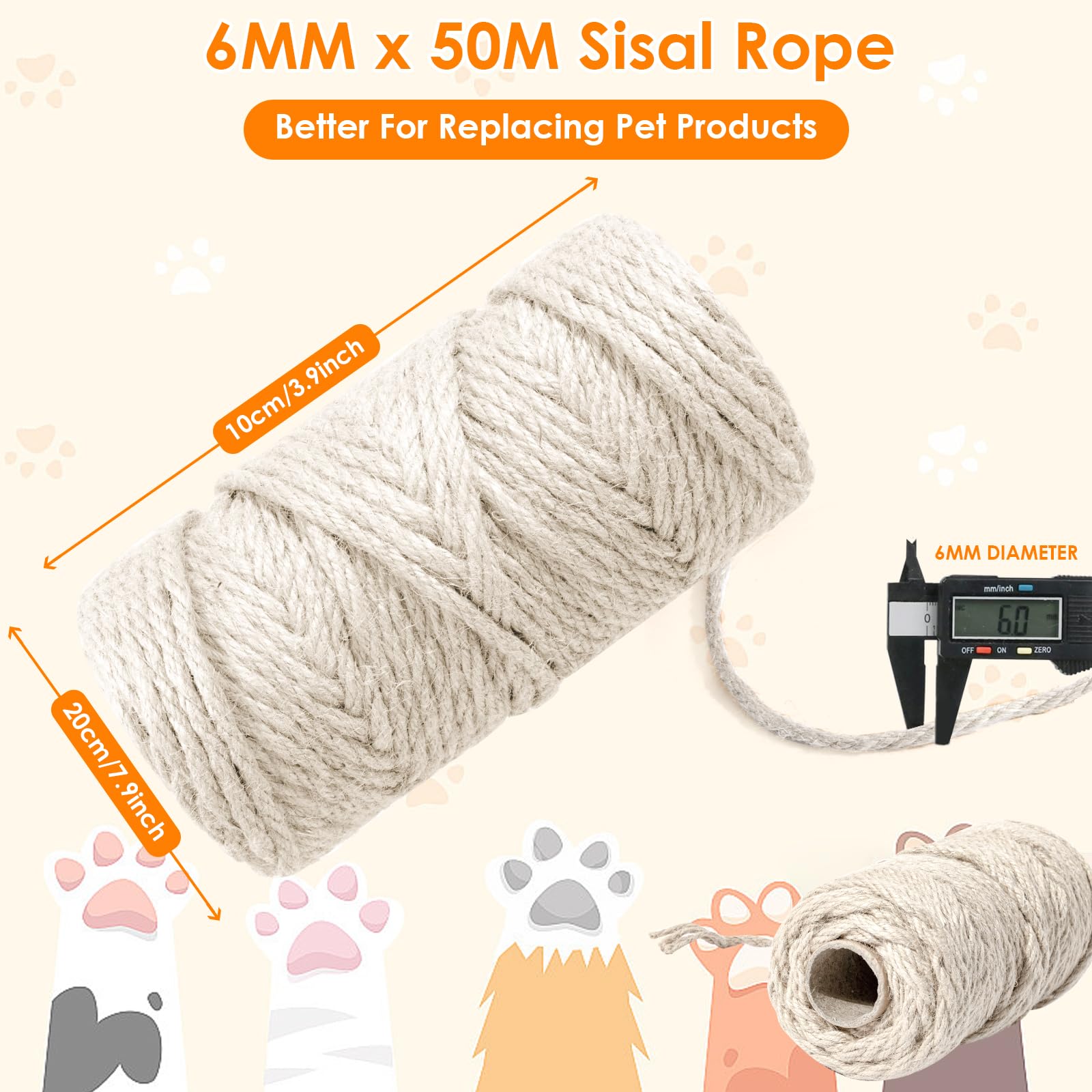 Cuerda de sisal para rascador de gatos, 164 pies/50 m, cuerda de yute natural de 6 mm de grosor para postes de rascar, cuerda de árbol de gato, cuerda de árbol de gato, reemplazo de poste de rascado,