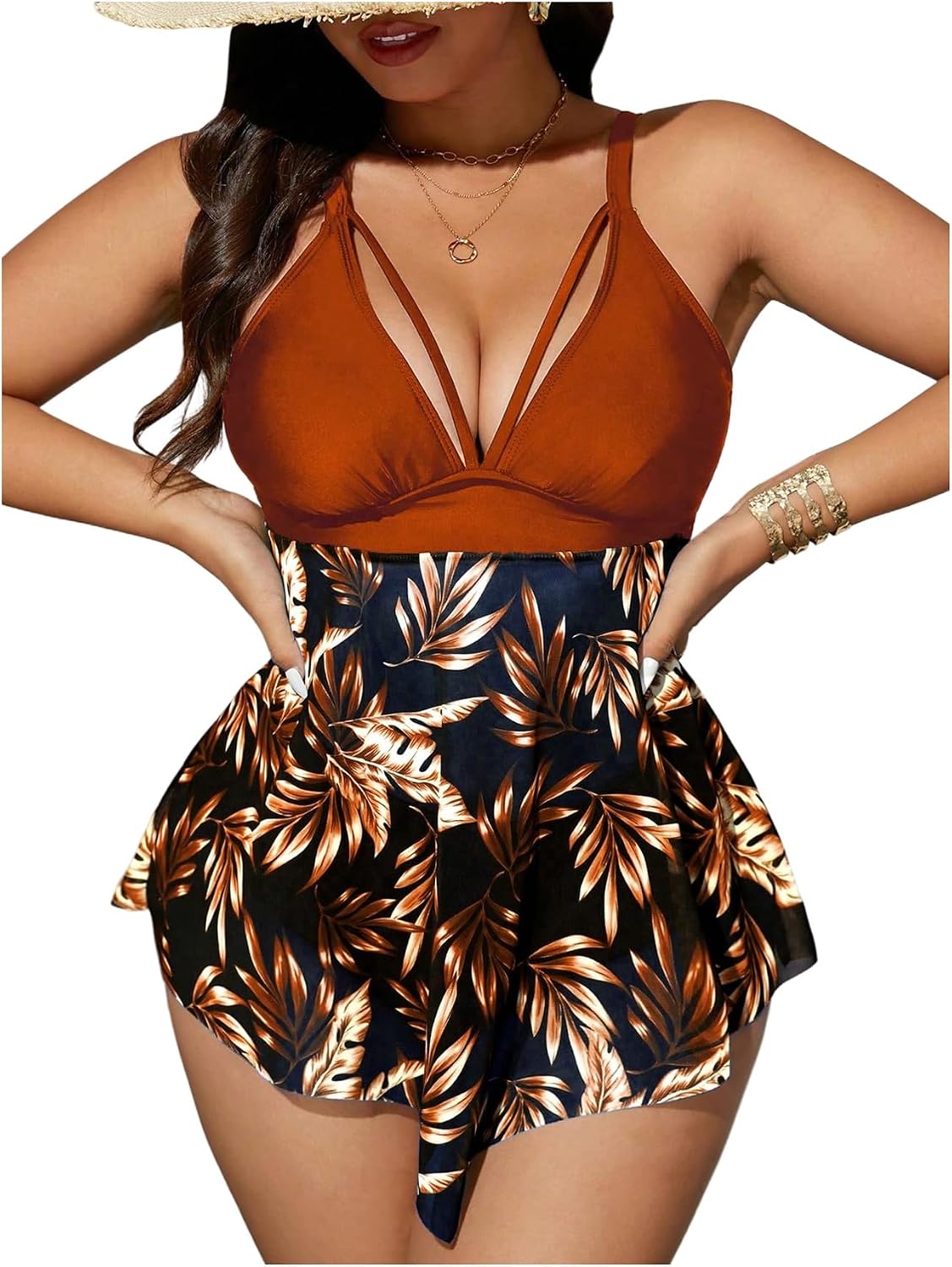 SHENHE Women's Plus Size 2 Piece Bikini Set V Neck Floral Mesh Flowy Tankini High Cut Bathing Suits