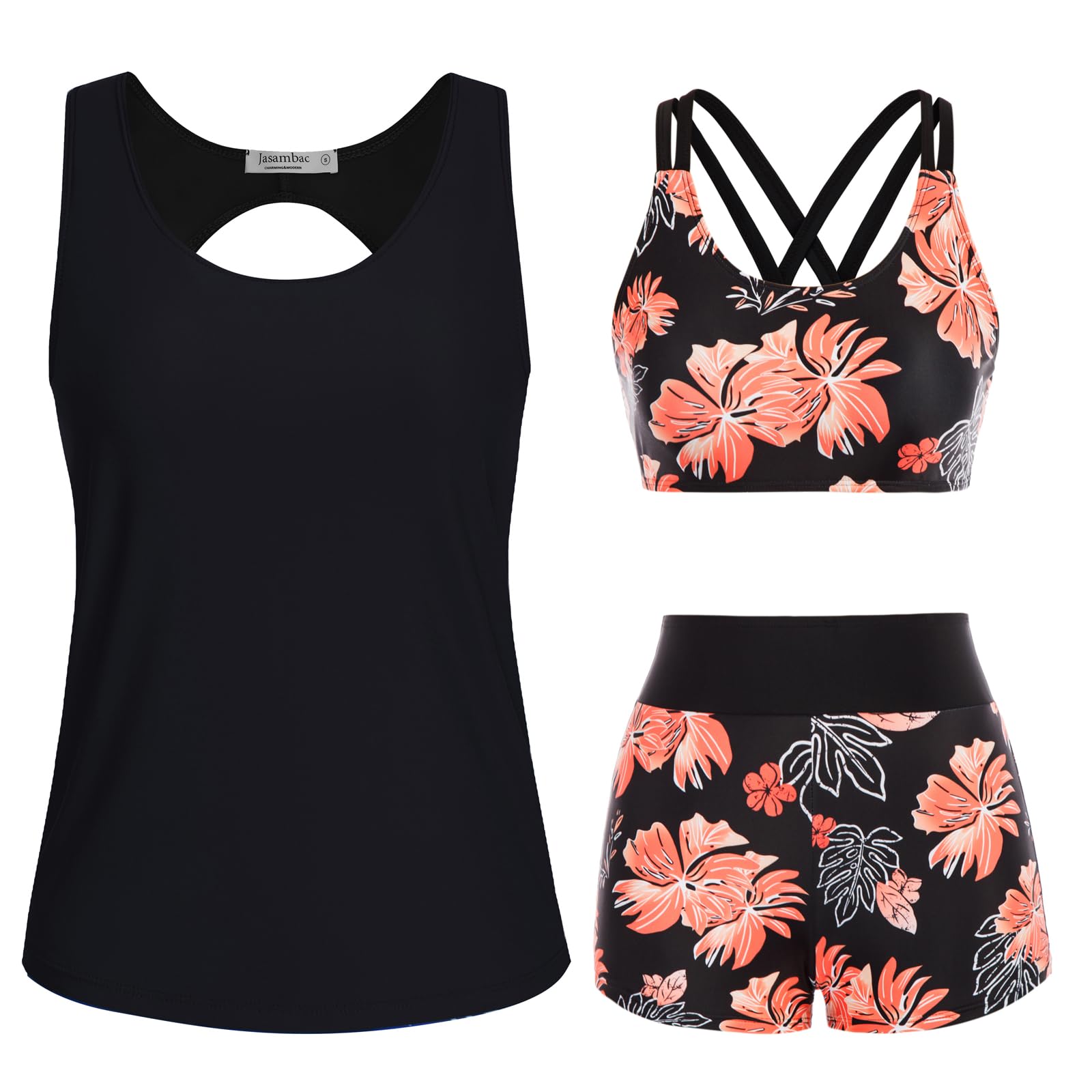 JASAMBAC 3-teiliger Tankini Damen Bauchweg, Push-up-Bikinioberteil und High Waist Badeshorts, einfache Badebekleidung, Damen-Sport-Badeanzug, Bademode für Schwimmbad, Strand