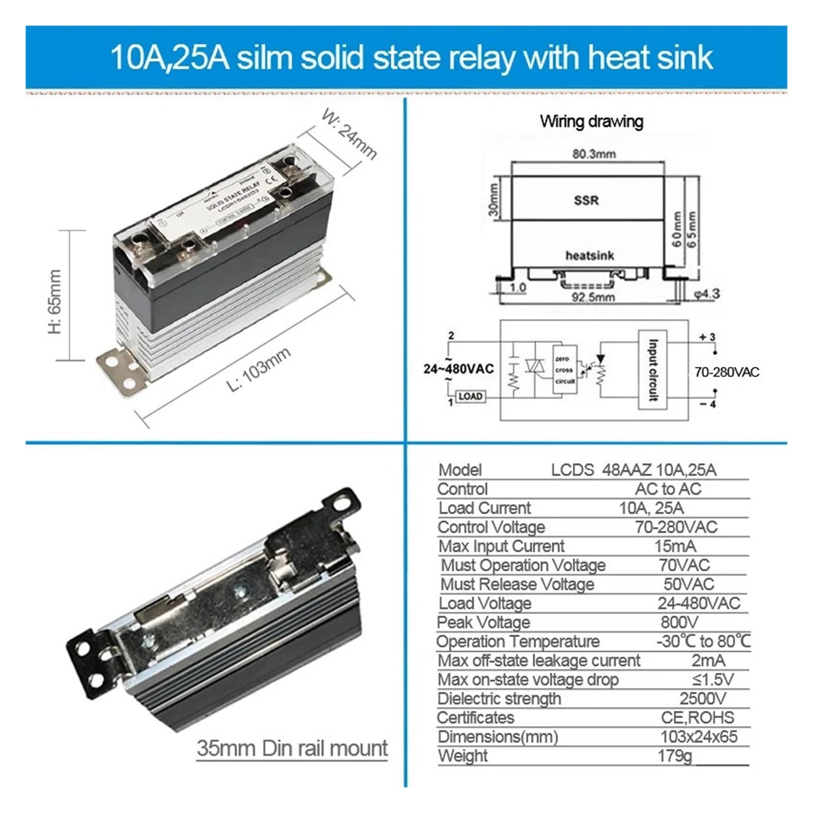 Relé de estado sólido AC a AC 10A 25A 40A 60A 80A 100A 120A SSR con disipador de calor, relé industrial de montaje en Riel DIN (Size : AC-AC 80A)