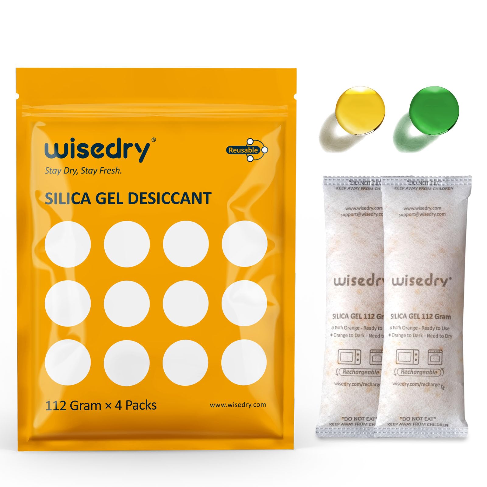 wisedry 112 Gram [4 Packs] Silica Gel Desiccant Packs for Larger Container Desiccant Bags with Orange Indicating Beads for 3D Printer Filament Gun Safe Camera Electronics Equipment Food Grade