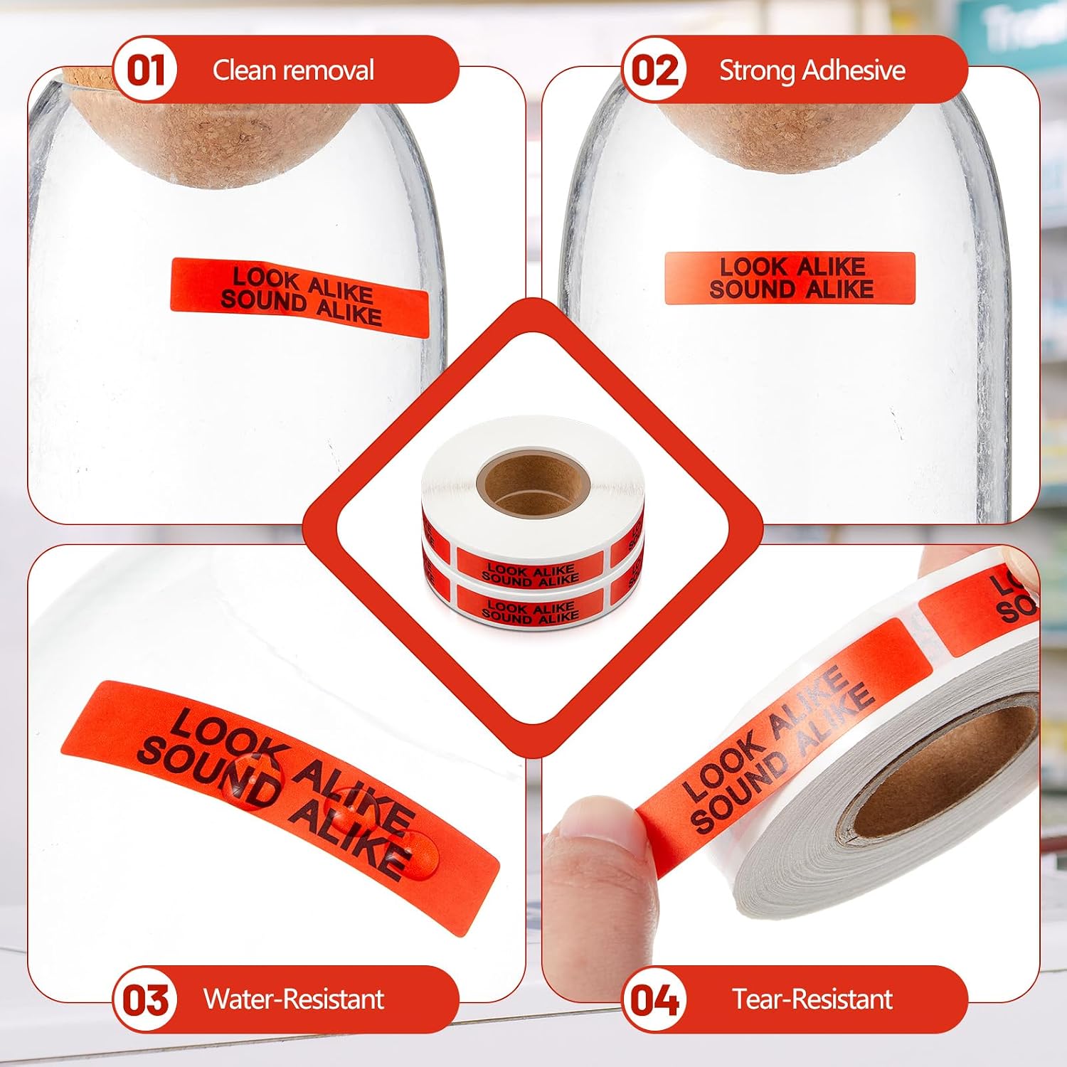 2 Rolls Look Alike Sound Alike Labels 1000 Total Adhesive Labels Red Medication Safety Warning Stickers PP Paper for Medicine Vial for Pharmacy Hospital, 2 x 0.4 Inches