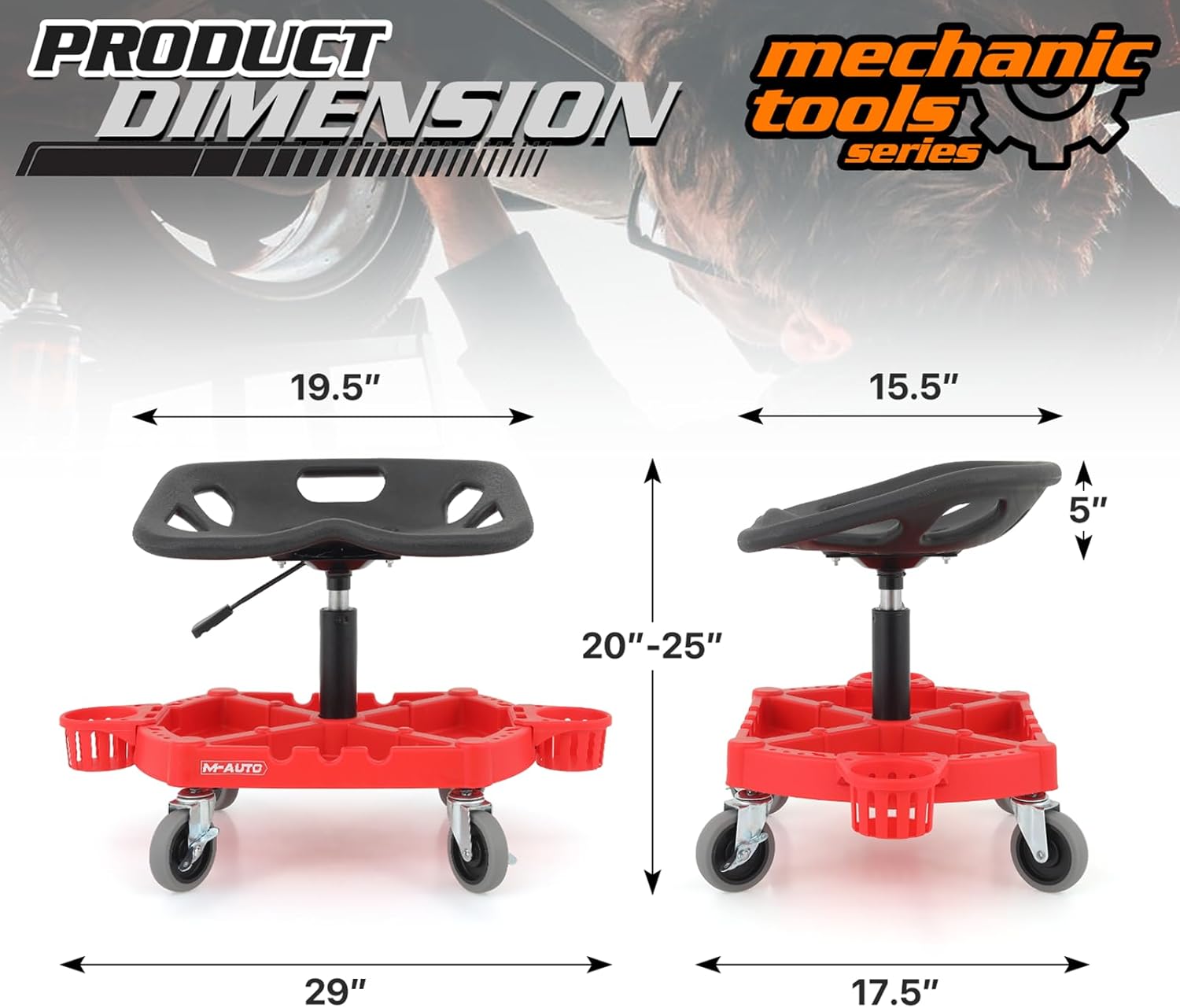 M-AUTO Padded Seat Shop Chairs for Garage with Wheels, 17.5”-22.5” Height Adjustable Swivel Mechanics Seat with Tool Organizer Tray for Garage and Garden, 300lbs Capacity