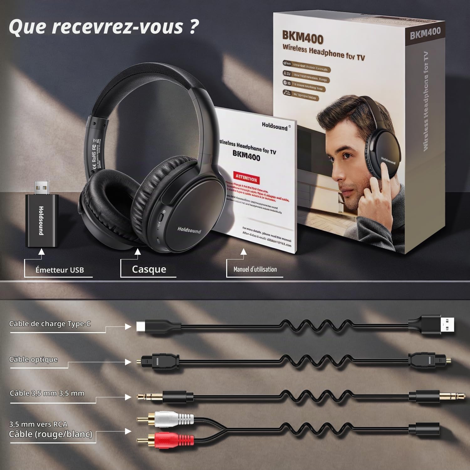 Holdsound Casque sans Fil TV, Léger Et Confortable, Pas De Retard Audio