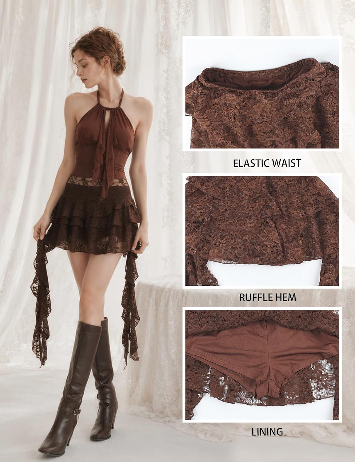 Wyeysyt Women Lace Mini Skirts Y2K Ruffle Asymmetrical Skirts | Lace Skirts with Shorts Underneath, Layered Skirt, Flowy Pleated Rave Skirt, Festival Skirt