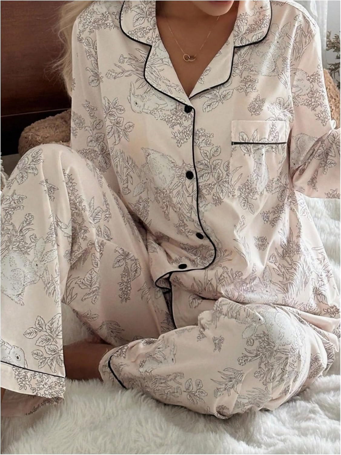 Milumia Women's 2 Piece Pajama Sets Printed Long Sleeve Button Up Shirt and Pants Set Sleepwear - Image 4