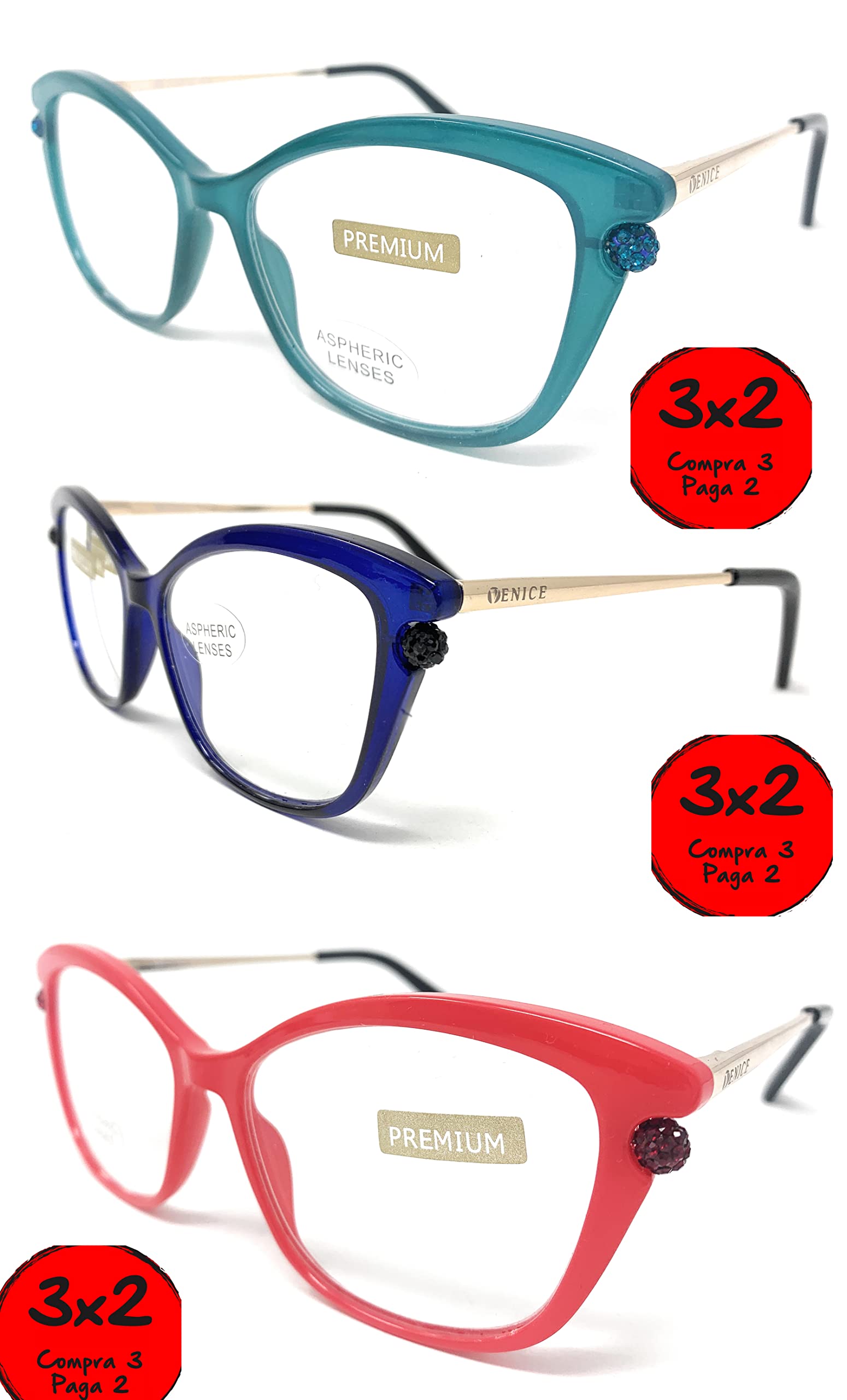 Pack de Gafas de lectura Diseño de última moda con strass. EXCLUSIVA. gafas de presbicia, vista cansada. VENICE Premium Perl - Dioptrías: 1 a 3,5