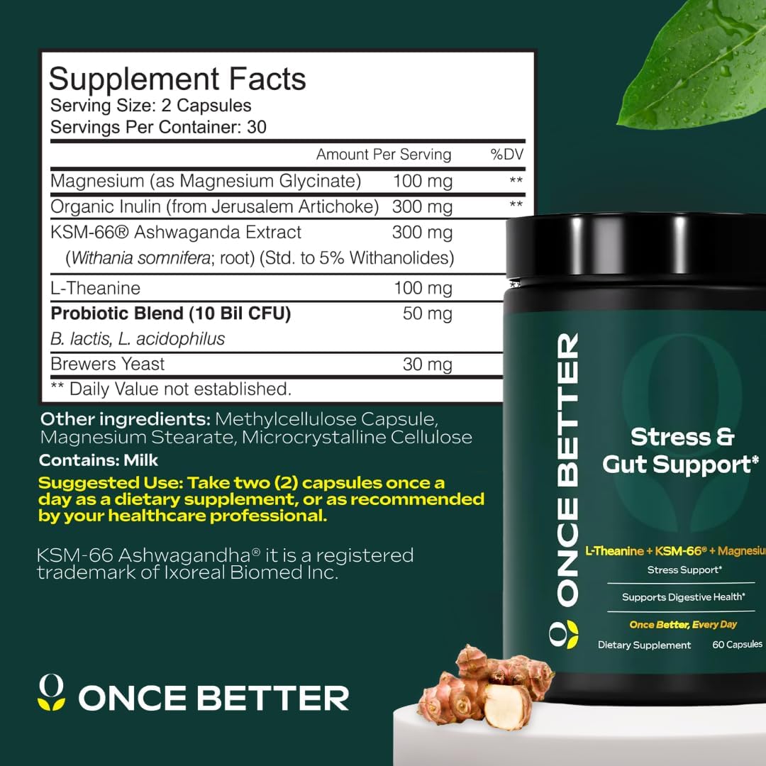 Once Better™️ Stress & Gut Support Supplement – Ashwagandha KSM-66®, L-Theanine, Magnesium Glycinate, Probiotics & Inulin for Digestive Health & Stress Relief – 60 Capsules - Men & Women - Image 6