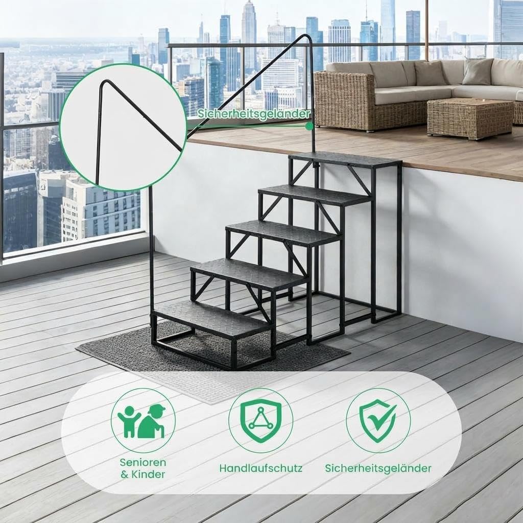 GarveeTech Sichere Wohnmobil-Treppe – rutschfest, 300 kg Tragkraft, robuster Stahl – Breite Stufen, tragbar für Wohnwagen, Bad, Pool, Haustiere – Gelb/Schwarz – 5-stufig mit Einhand-Handlauf, Tape