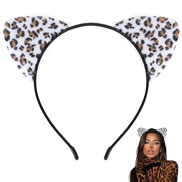 White Cheetah Ears Headband, Snow Leopard Ears Headband for Women, Fluffy Leopard Print Cat Ear Hairband Halloween Accessories Cheetah Costume Headwear for Party Cosplay Role Play Headwear