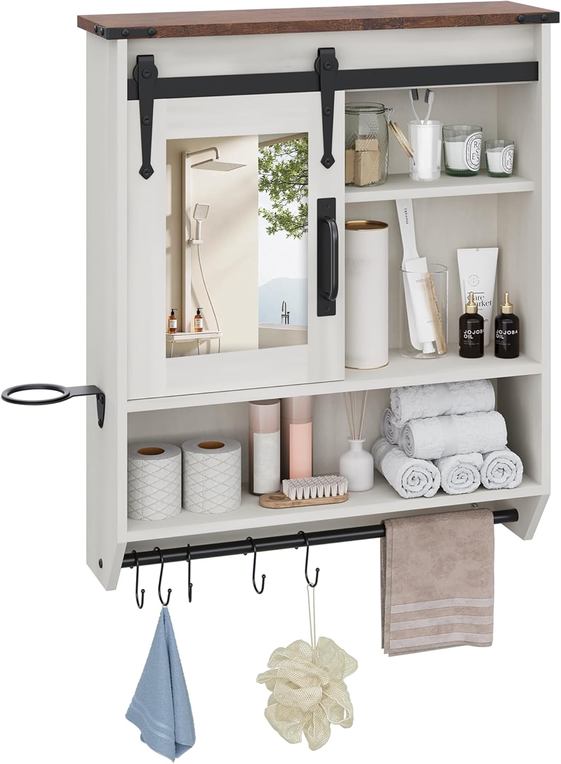 Bathroom Storage Cabinet with Mirror, Wood Farmhouse Medicine Cabinet with Adjustable Shelf, Hanging Bar S-Hooks Hair Dryer Holder, Wall Mounted Cabinet for Laundry Room Kitchen Living Room, White