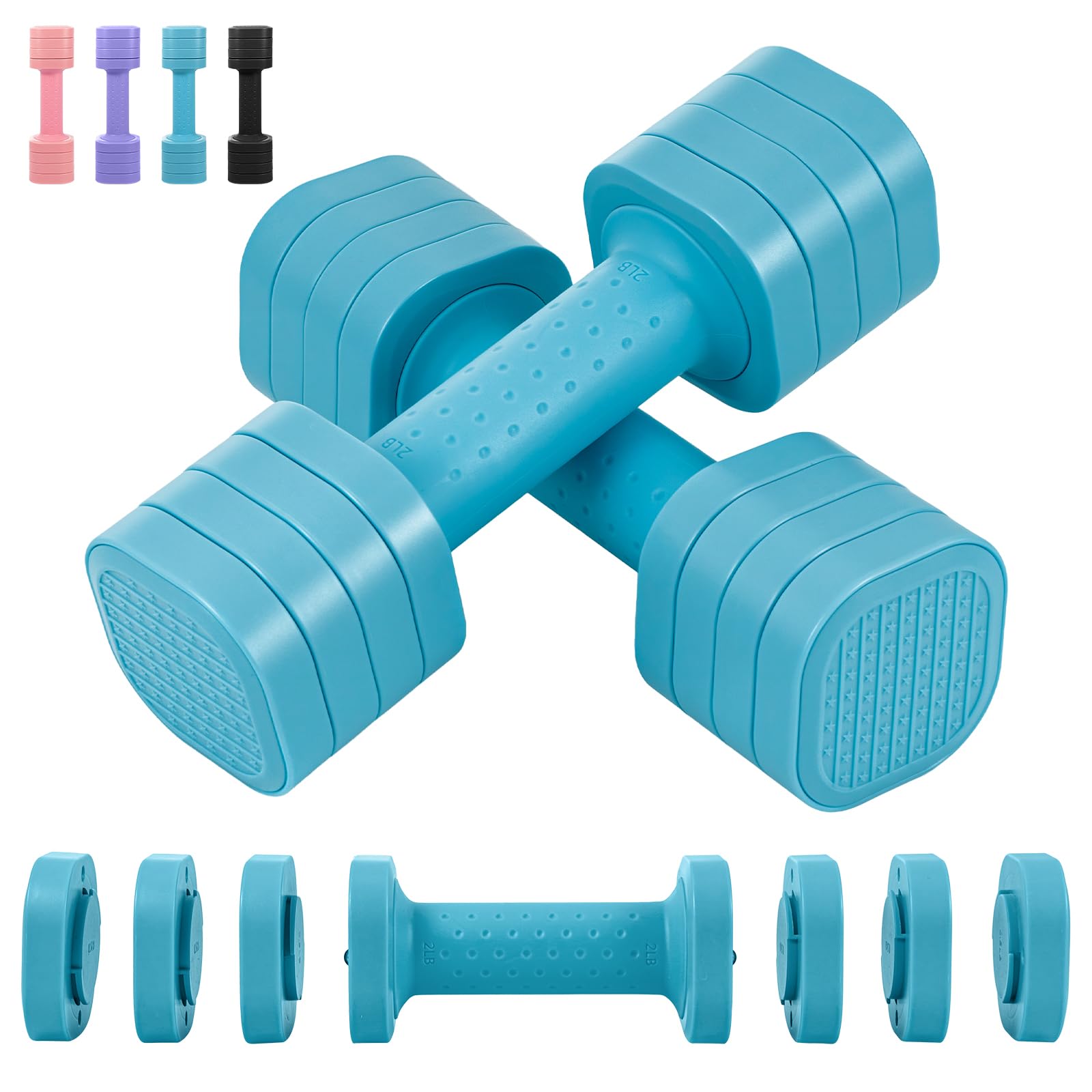 FERNVALE 4-in-1 Adjustable Dumbbells Set 2–5lbs Pair, Space-Saving Home Gym Hand Weights for Women, 1-Second Quick-Lock System, Ergonomic Non-Slip Grip, Iron Core Fitness Weights (Blue)