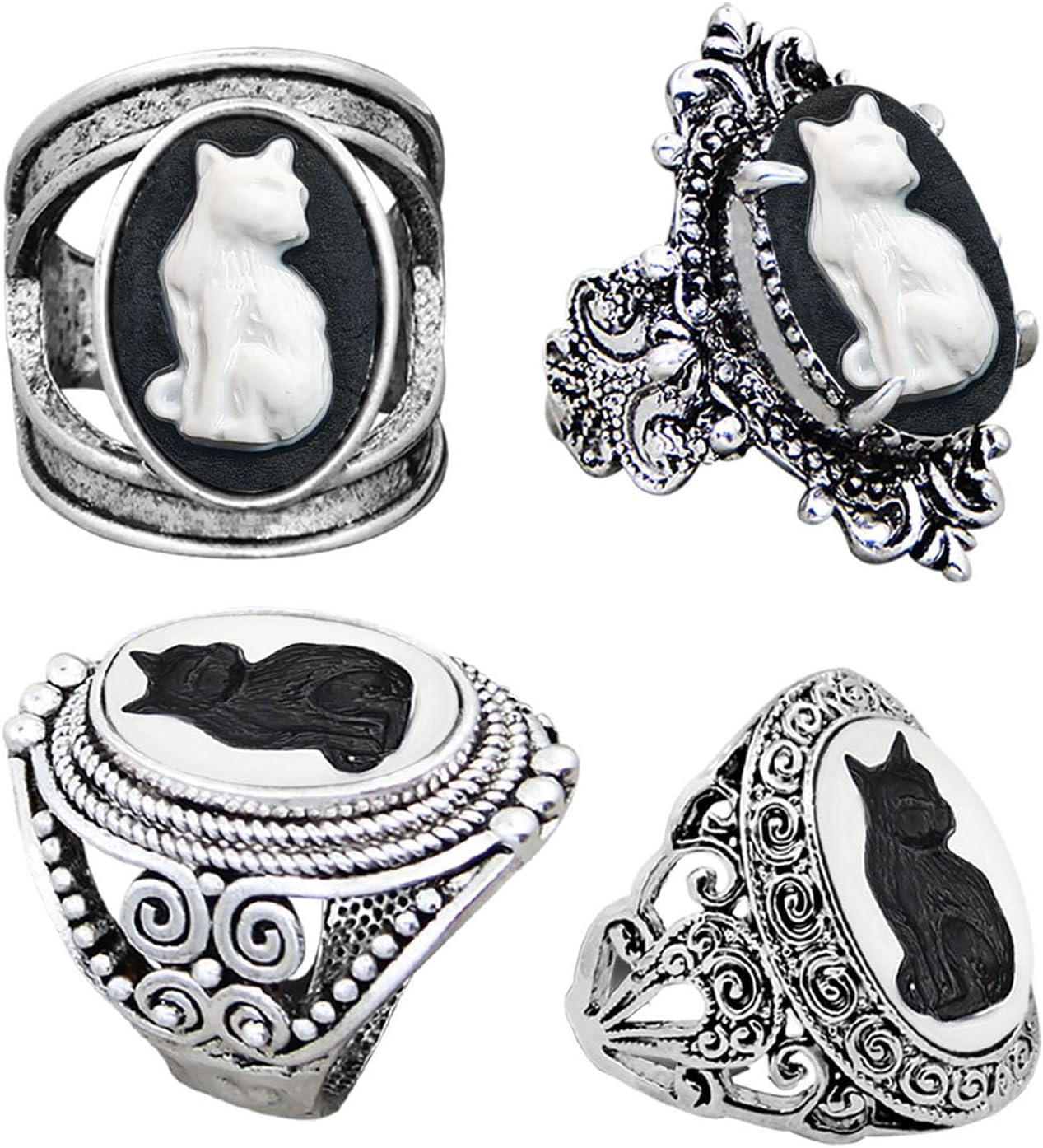 Assorted Lot of 10 Gothic Rings - Antique Silver Finish Vintage Statement Rings for Women - Bulk Set of Bohemian Rings