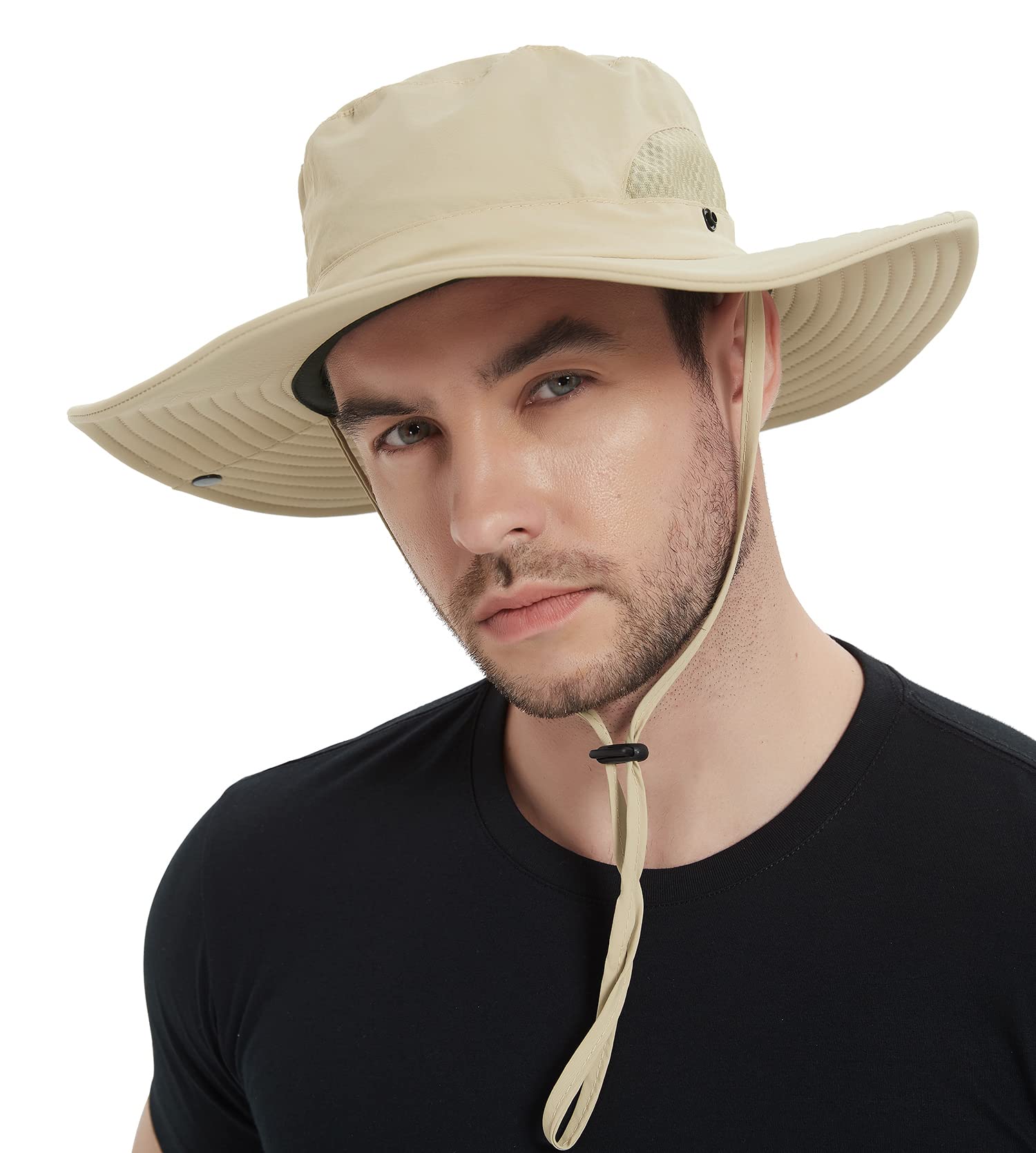 WmcapsSun Hats for Men, Wide Brim UPF 50 Sun Hats Summer Mesh UV Protection Beach Safari Hat, Fishing Walking Hiking Boonie Hat with Adjustable Chin Strap Waterproof Breathable