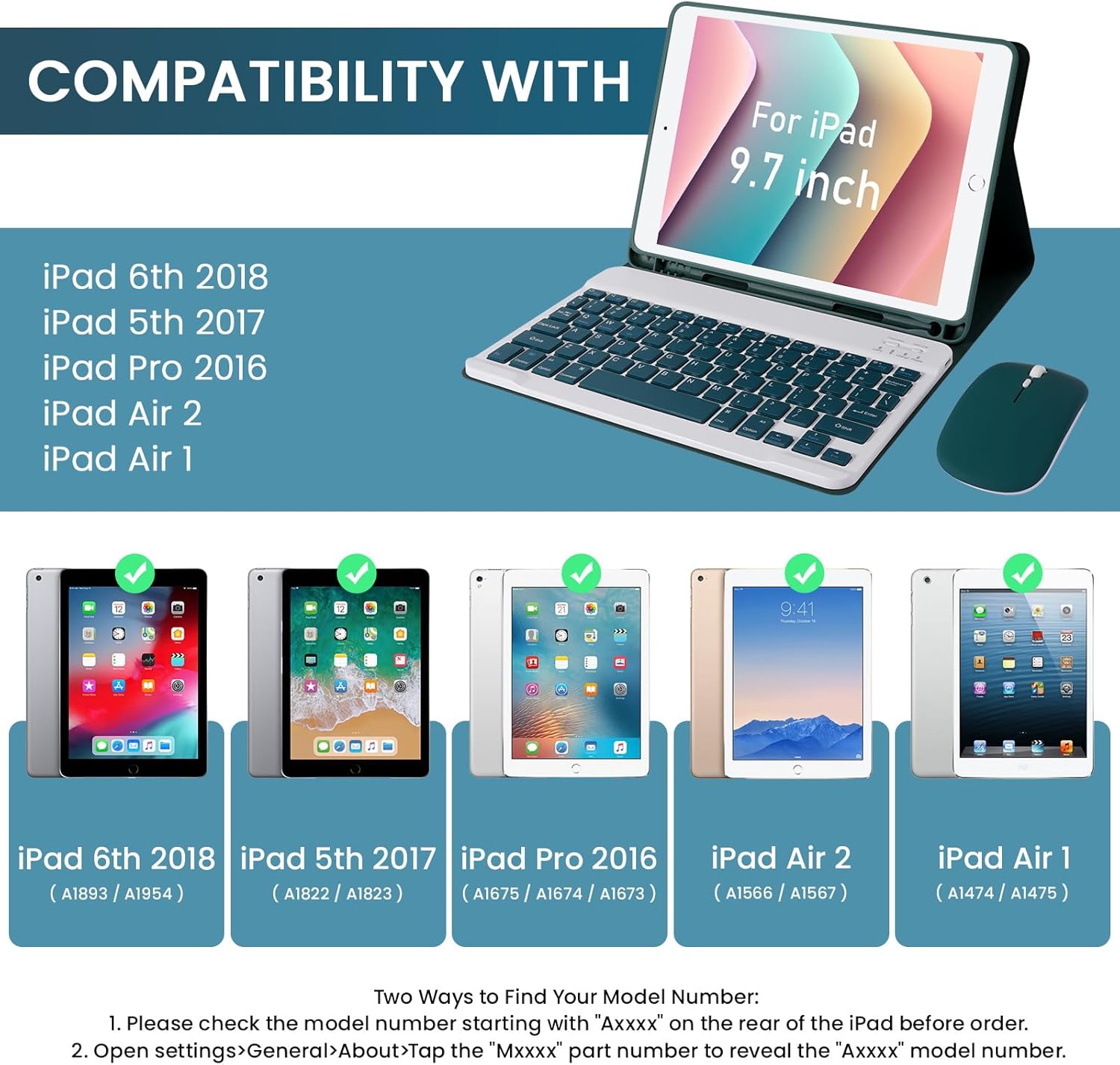 Keyboard Case for iPad 9.7 inch 2018 (6th Gen)/ 2017 (5th Gen)/2016 iPad Pro/Air 1/2, Detachable Bluetooth Keyboard Case with Pencil Holder and Mouse for 9.7 inch, Auto Sleep/Wake, Deep Gren