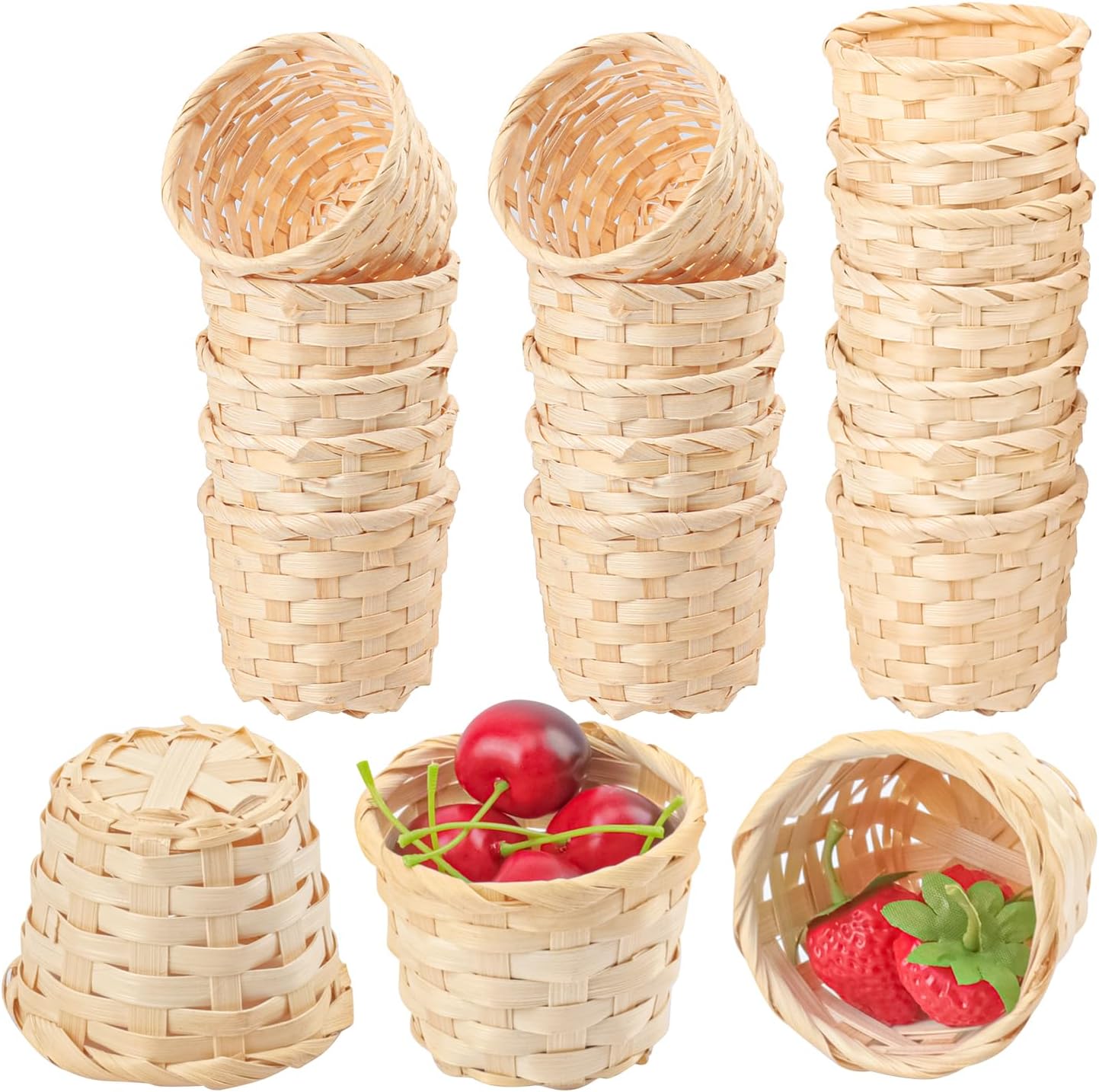 20 Pack Round Mini Bamboo Baskets, 2.95 x 2.95 x 2.6 inch Tiny Woven Baskets, Small Artificial Straw Woven Basket, Perfect for Centerpieces and Favors