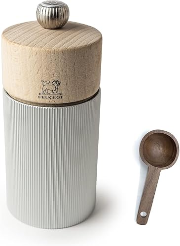 Peugeot Line - Molinillo de sal manual, aluminio, 12 cm - 4.75" madera natural - con cuchara de madera para especias