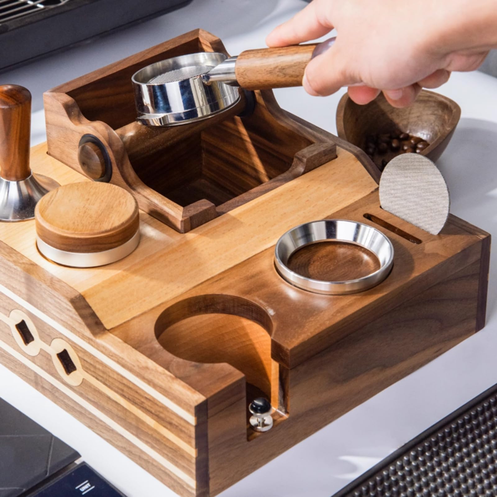 Espresso-Stopfstation, Holz-Kaffee-Organizer-Box mit Tamperhalter, Verteilerschlitz, Aufbewahrung für 51–58 mm Siebträger
