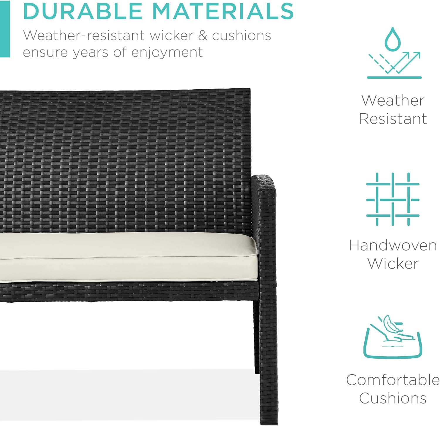 Best Choice Products 4-Piece Outdoor Wicker Patio Conversation Furniture Set for Backyard w/Coffee Table, Seat Cushions - Black/White Sand