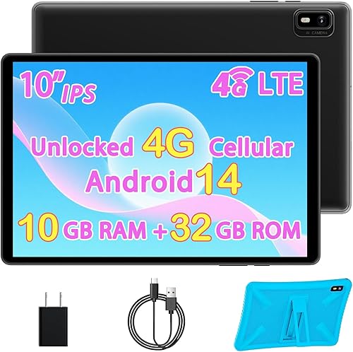 Topsand Tablet Android 14 de 10 pulgadas con ranura para tarjeta SIM desbloqueada, 10 GB de RAM, 32 GB ROM, 1 TB expandible, cámara de 8 MP, WiFi