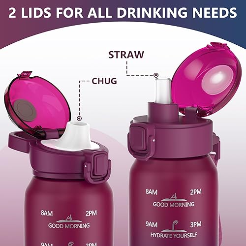 Miniatura 2 de Botella de agua aislada de 32 onzas con 2 tapas (tapa de popote y tapa de boquilla), botella de agua de doble pared de 1 litro con marcador de