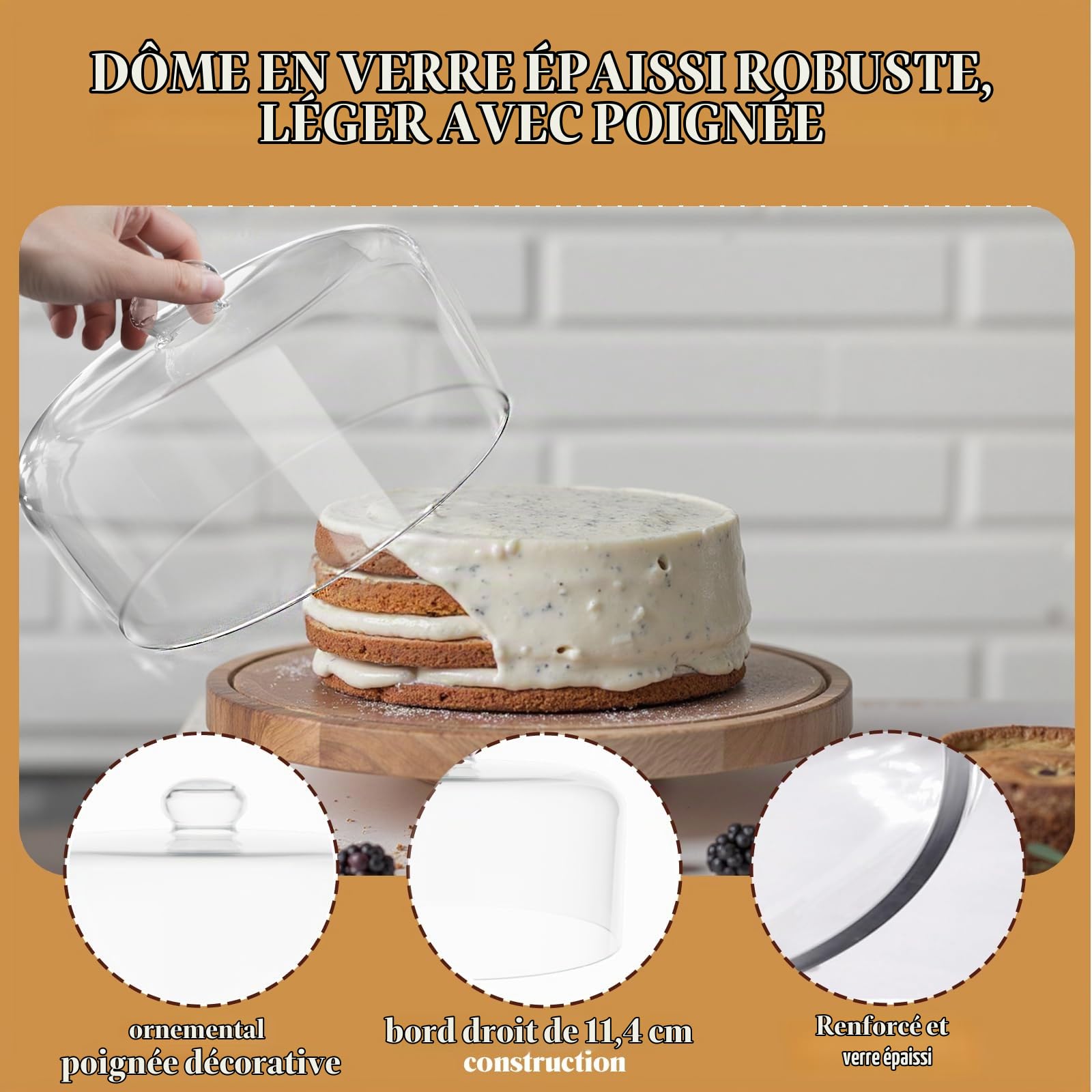 Couvercle dôme en verre de 28 cm pour présentoir à gâteau – Couvercle dôme en verre pour présentation et protection, convient pour la cuisine, les anniversaires et les présentoirs de nourriture