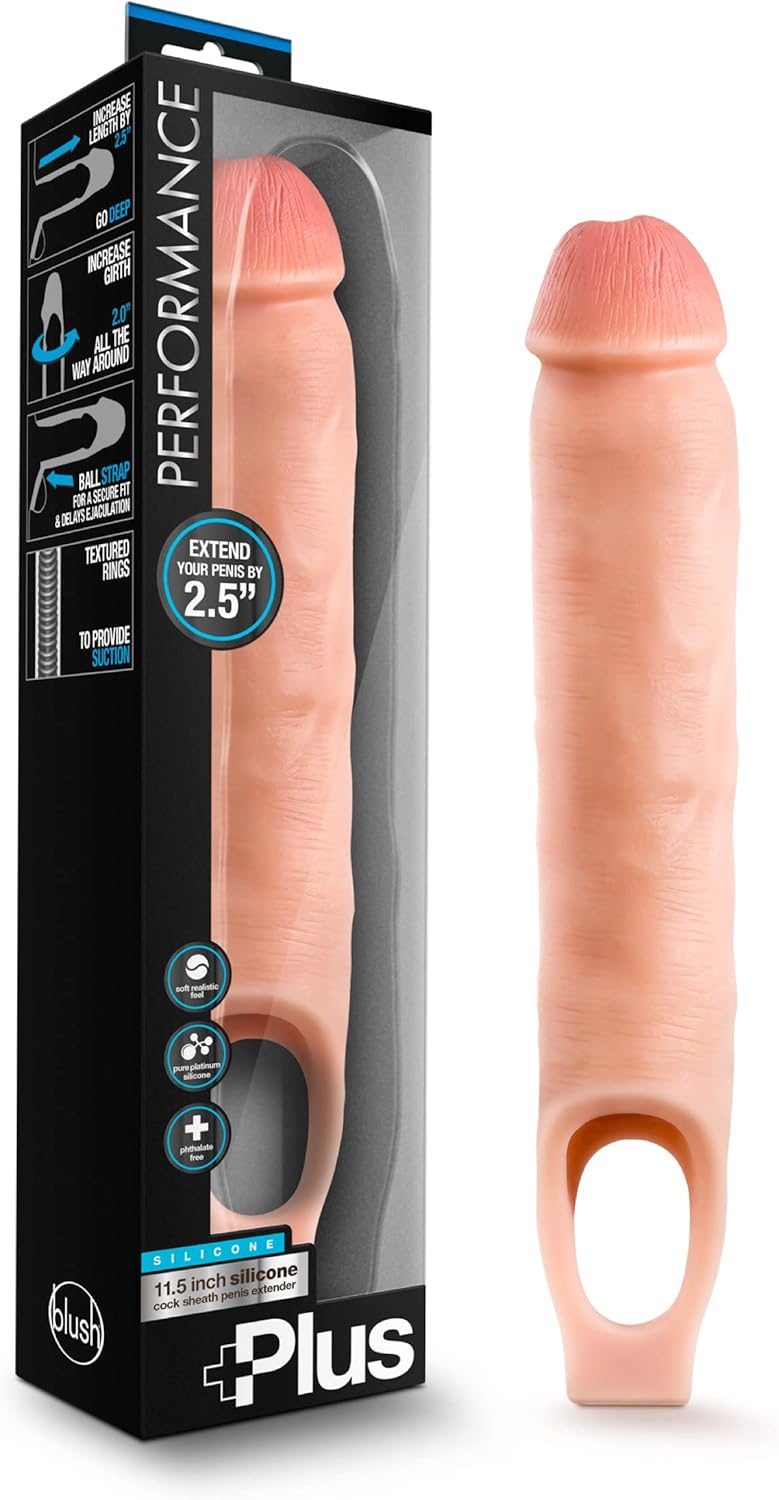 Blush Novelties Performance Plus - Purio Silicone 11.5 Inch Penis Sheath Extender - Extend Your Penis 2.5" - Thicken Up to 2"- Realistic Textured Cock Sleeve - Girth Enhancer Sex Toy for Men - Beige