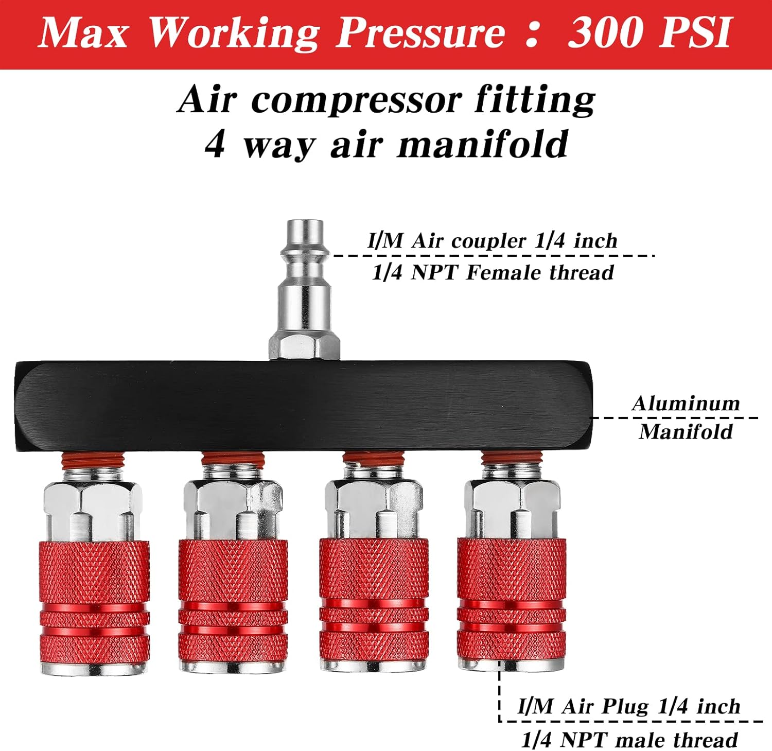 Peryiter 2 Pcs 4 Way Straight Air Compressor Manifold Air Hose Splitter 5 Ports 1/4 in NPT Quick Connect Fittings Kit Accessories Swivel 360 Degrees Connectors(Red)