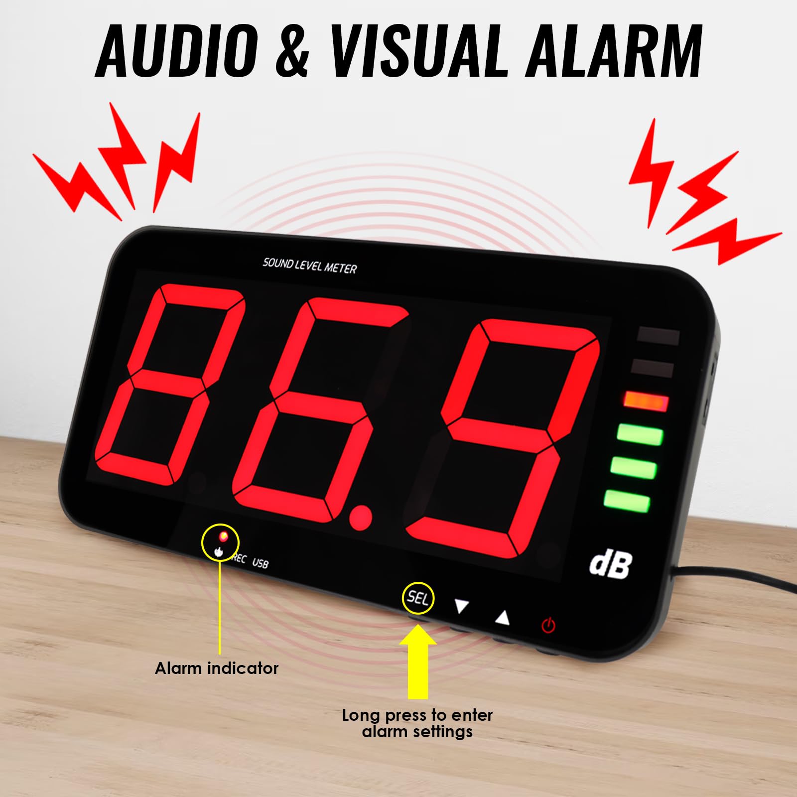 Decibel, misuratore di livello sonoro con registrazione dati, misuratore di rumore da parete con ampio display LCD da 13", sensore con cavo da 2 m, uscita allarme per misurazione e registrazione del