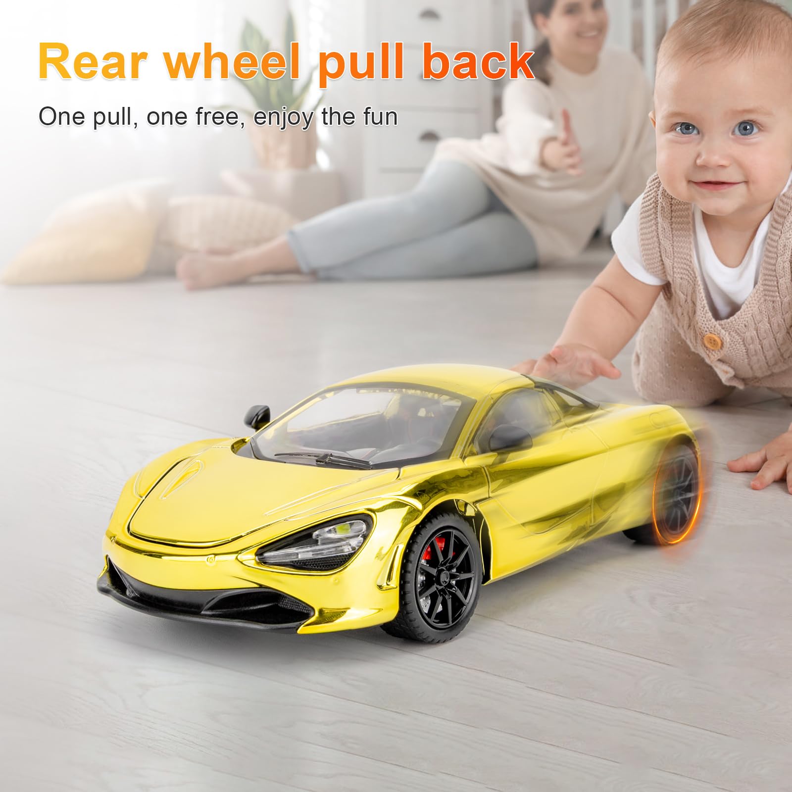 BGHSCA 1/24 Scale Mclaren 720s Diecast Model Car,Zinc Alloy Pull Back Toy Vehicles with Sound and Light for Kids 3+ Years Old Gift(Golden) - Image 3