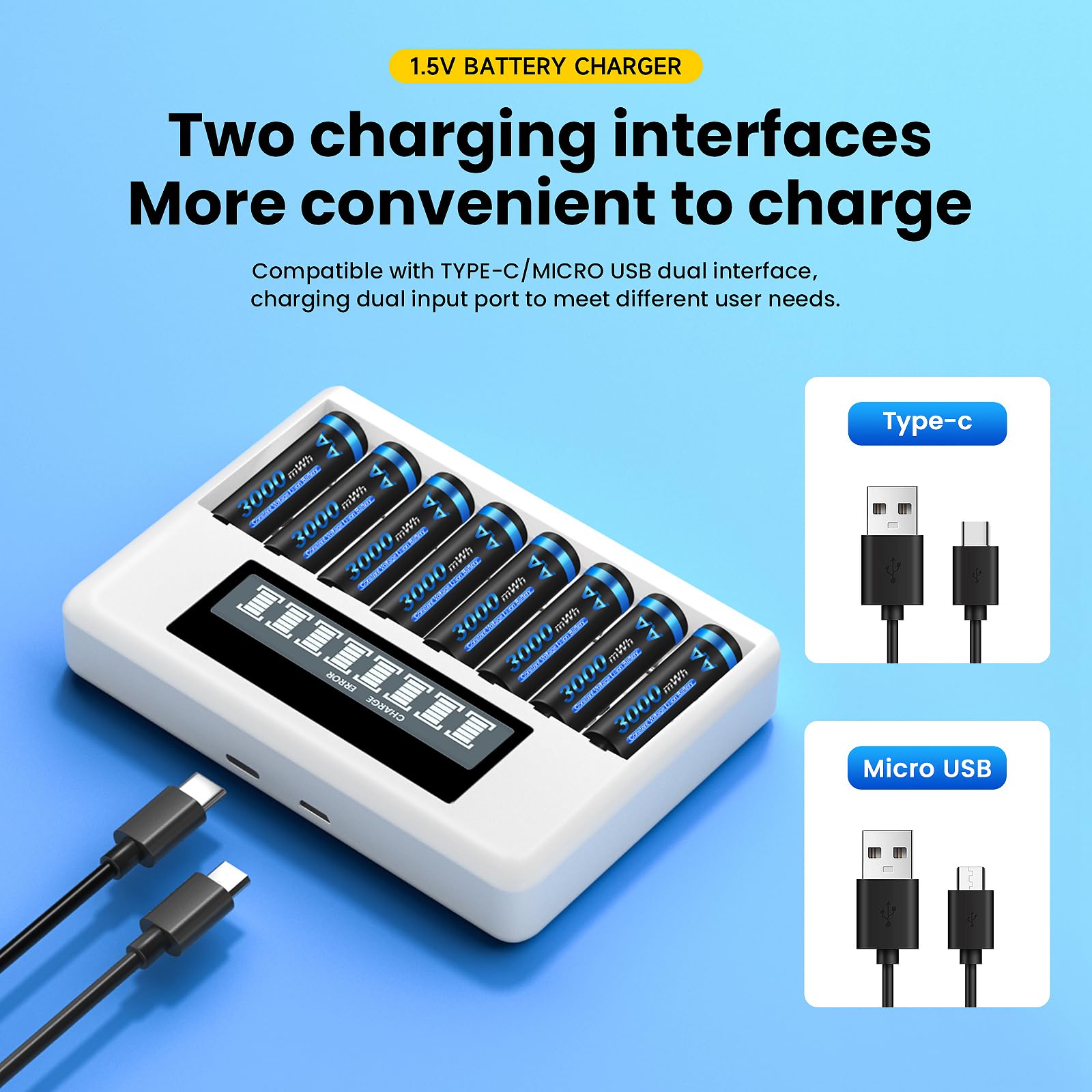 CITYORK Piles lithium-ion rechargeables AA AAA avec 4 piles au lithium AA 1,5 V 3000 mWh et 4 piles AAA 1200 mWh et chargeur de batterie