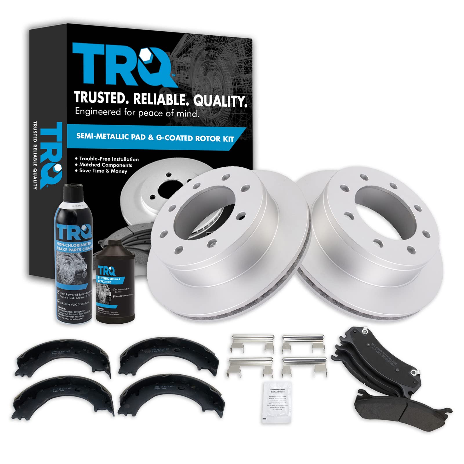 TRQ Rear Metallic Brake Pad &amp; Coated Rotor with Parking Shoe w/Chemicals Compatible with GM