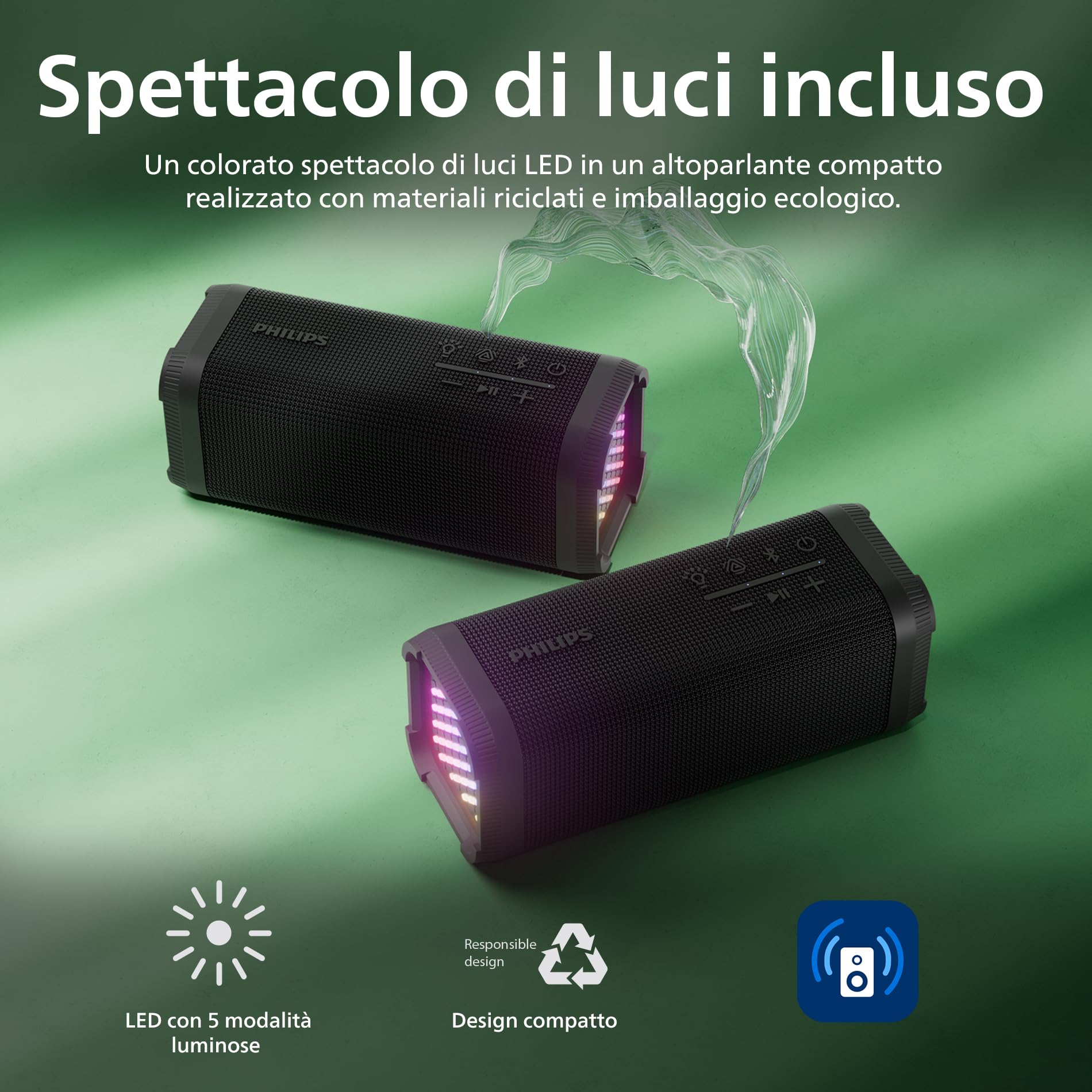 Philips TAS2000B Altoparlante wireless Bluetooth con spettacolo di luci LED, 20 W Bass+, Auracast, 20H di riproduzione, Impermeabilità IPX5, Riproduzione USB, Microfono, Controllo app – Nero