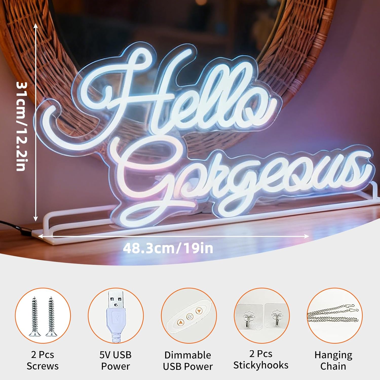Hello Gorgeous White LED Neon Sign, Girls Bedroom Vanity Beauty Space Living Room Home Party Gift Wall Table Decor, USB Powered Decorative Neon Light 19 x 12.2 In