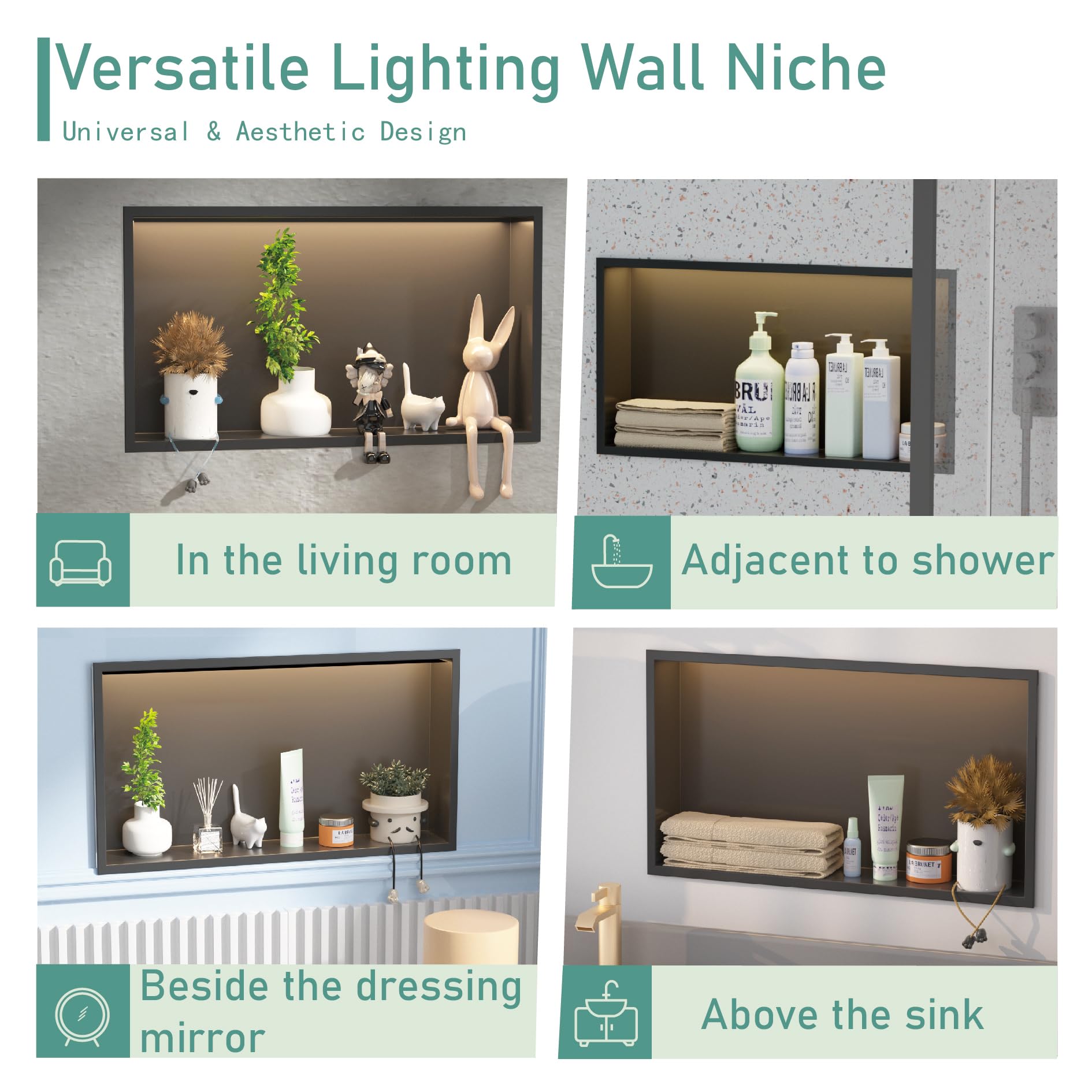 LED Edelstahl Einbaunische Wandnische für Dusche，Integrierte Fliesenlose Duschablage aus Rostfreiem Edelstahl, Badezimmer-Aufbewahrung für Shampoo & Duschgel (Matt schwarz, 60X30cm)